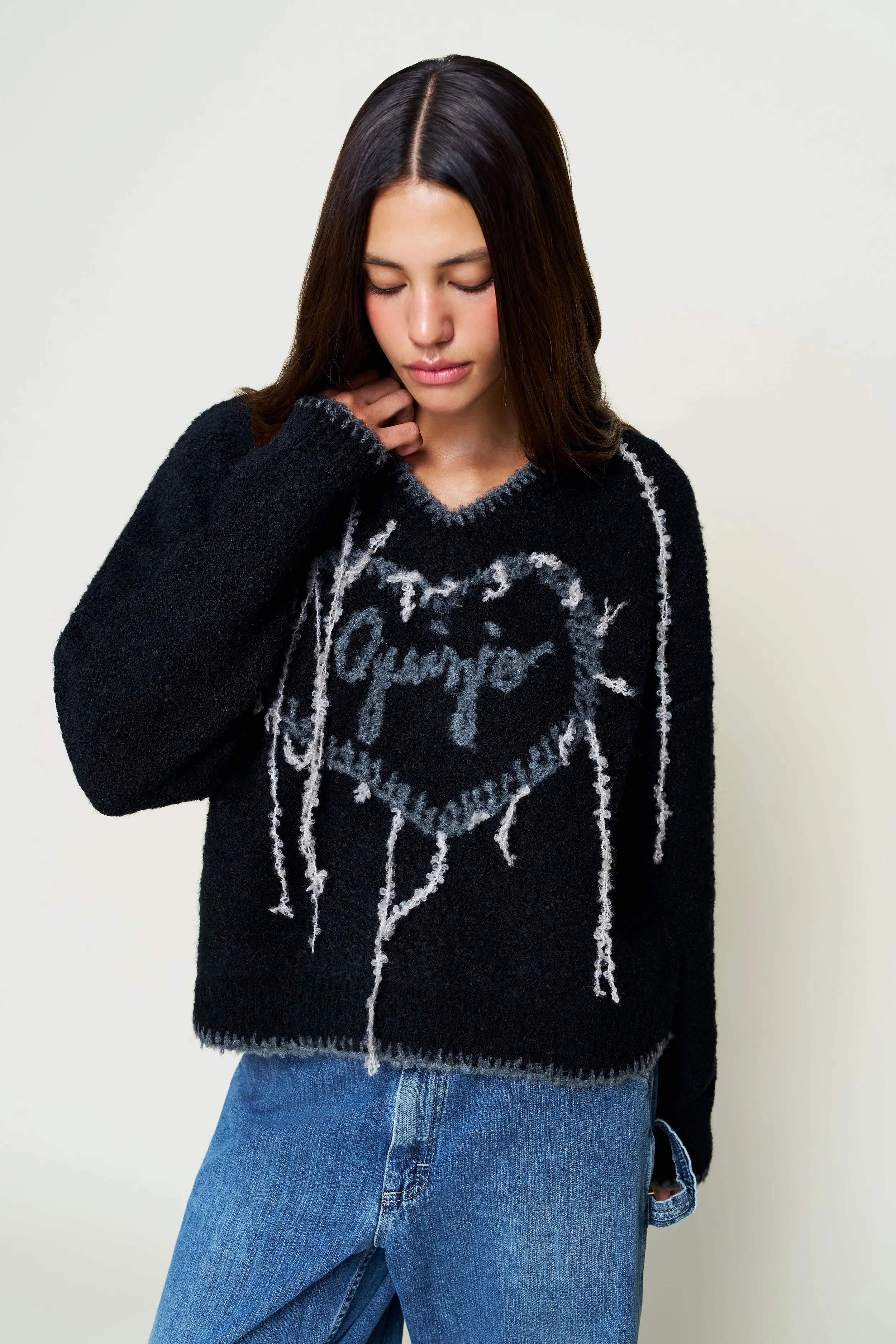 Guizio Heart Wool Sweater Anti Static Finish Lattice Pattern