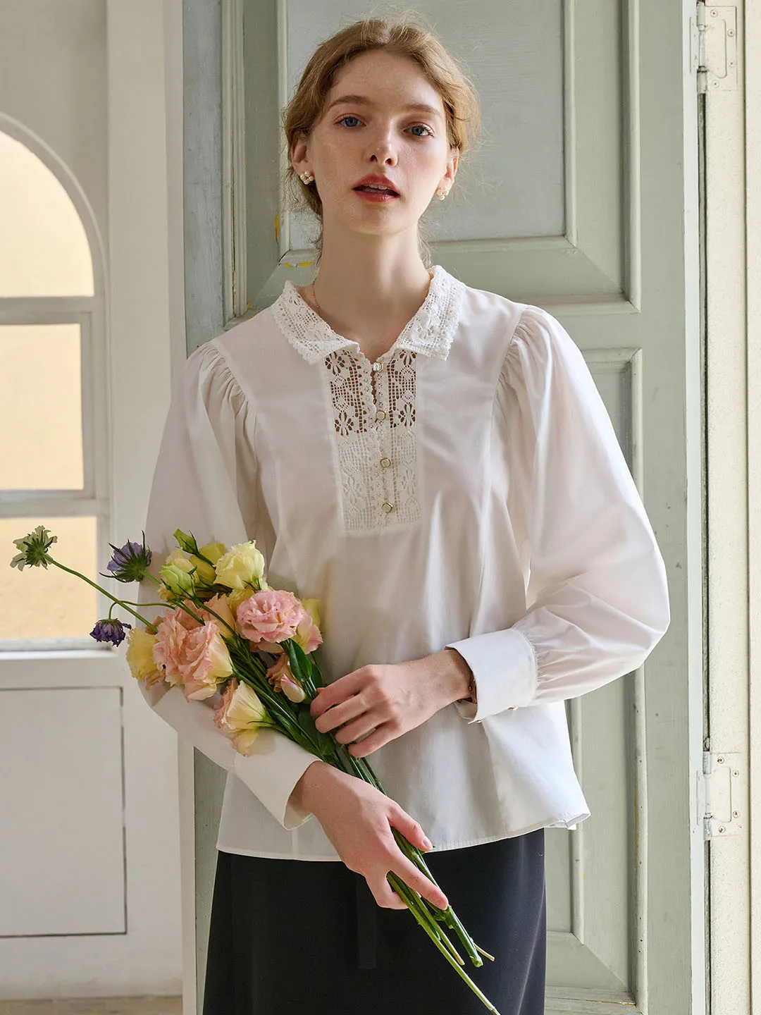 Eco friendly materials Hadleigh Lace Paneled Hollow Puff Sleeve Blouse