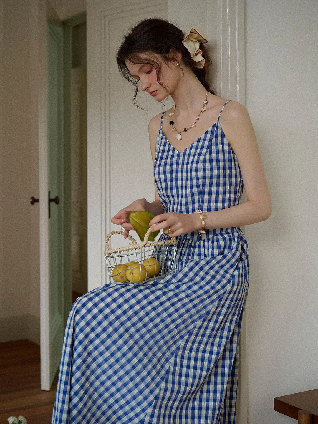 Silky Surface Luxurious Feel Tinsley Suspender Plaid Dress- Red