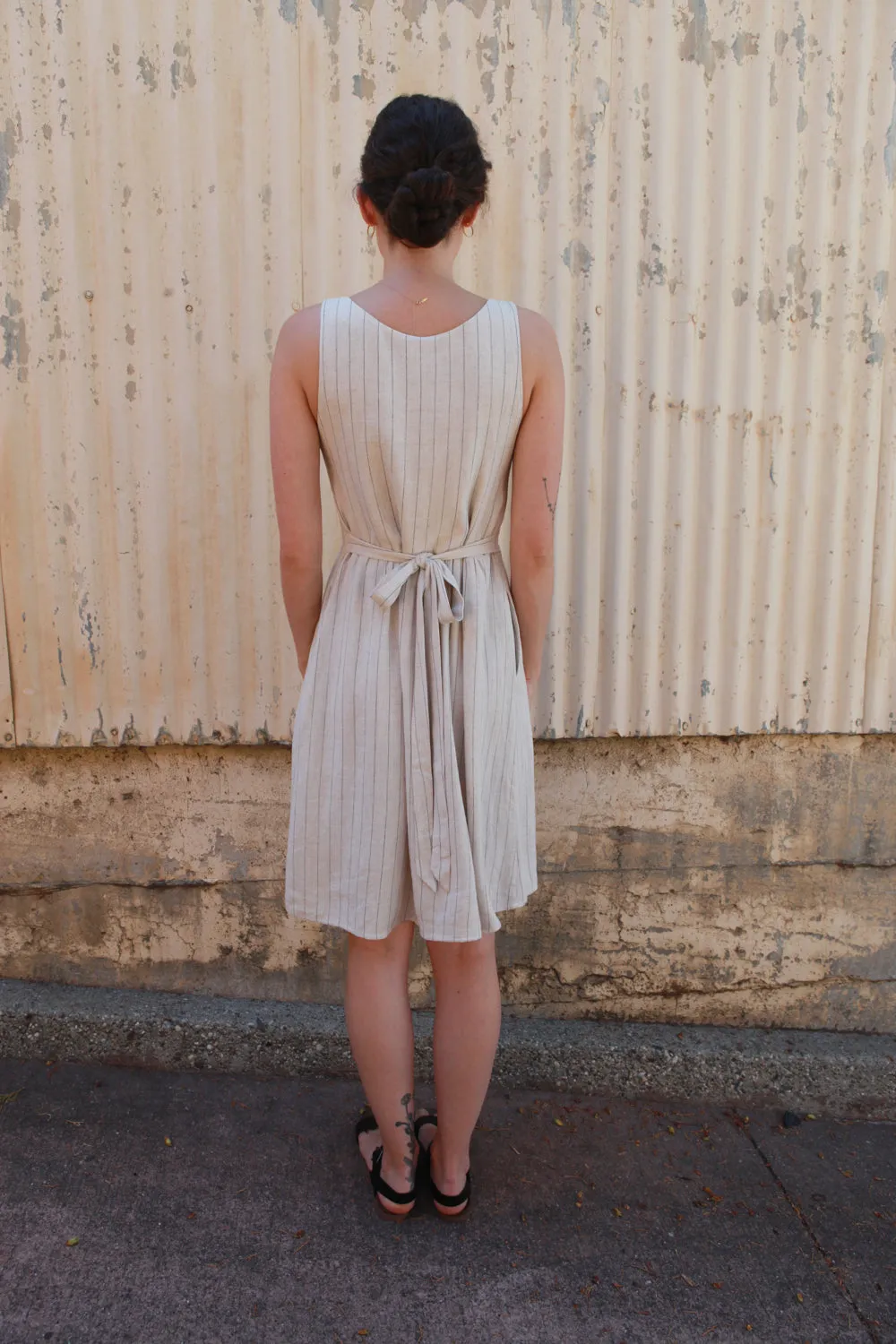 Comfy Yet Stylish Hannah Dress in Oat Linen Stripe