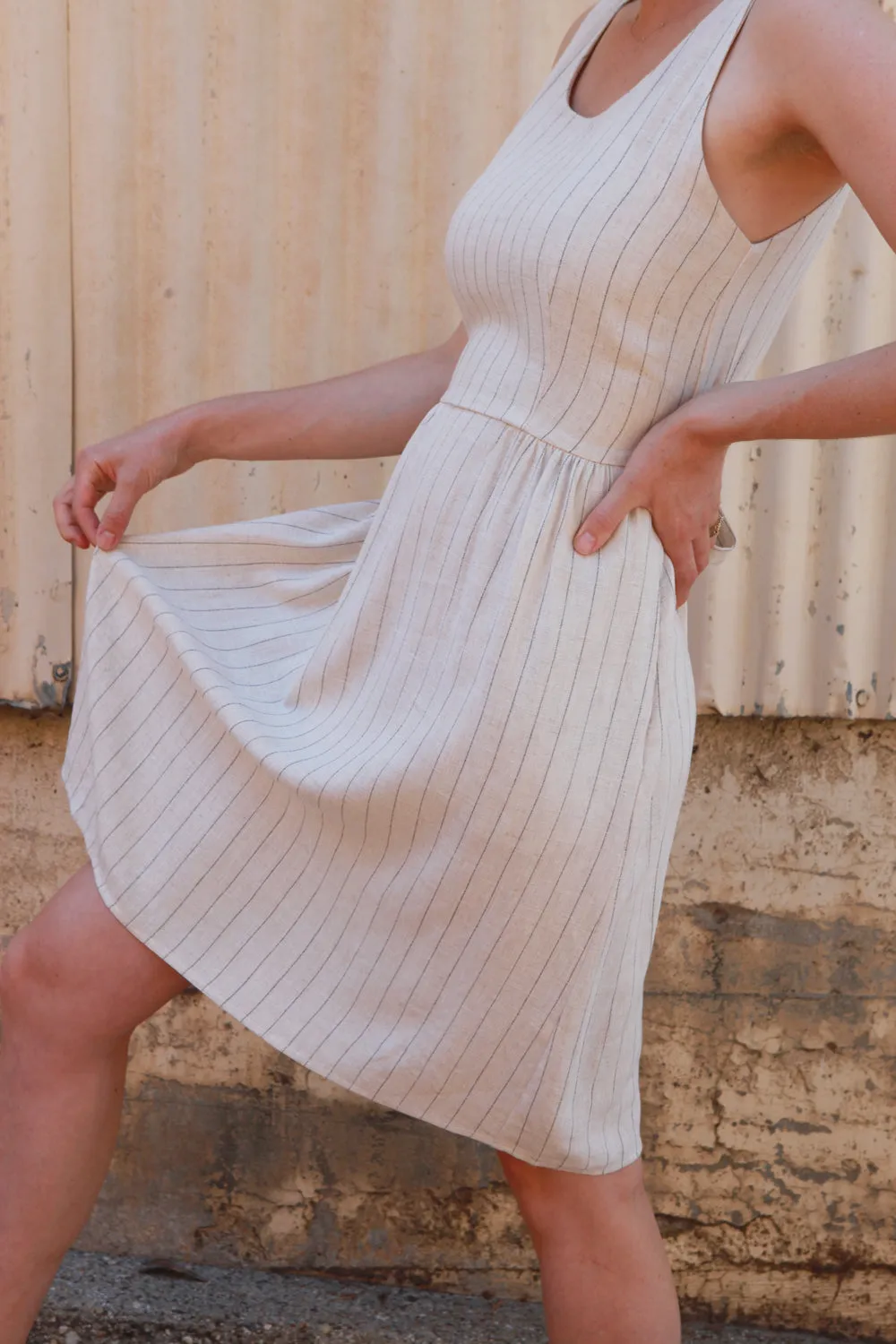 Hannah Dress in Oat Linen Stripe Lightweight and Breezy