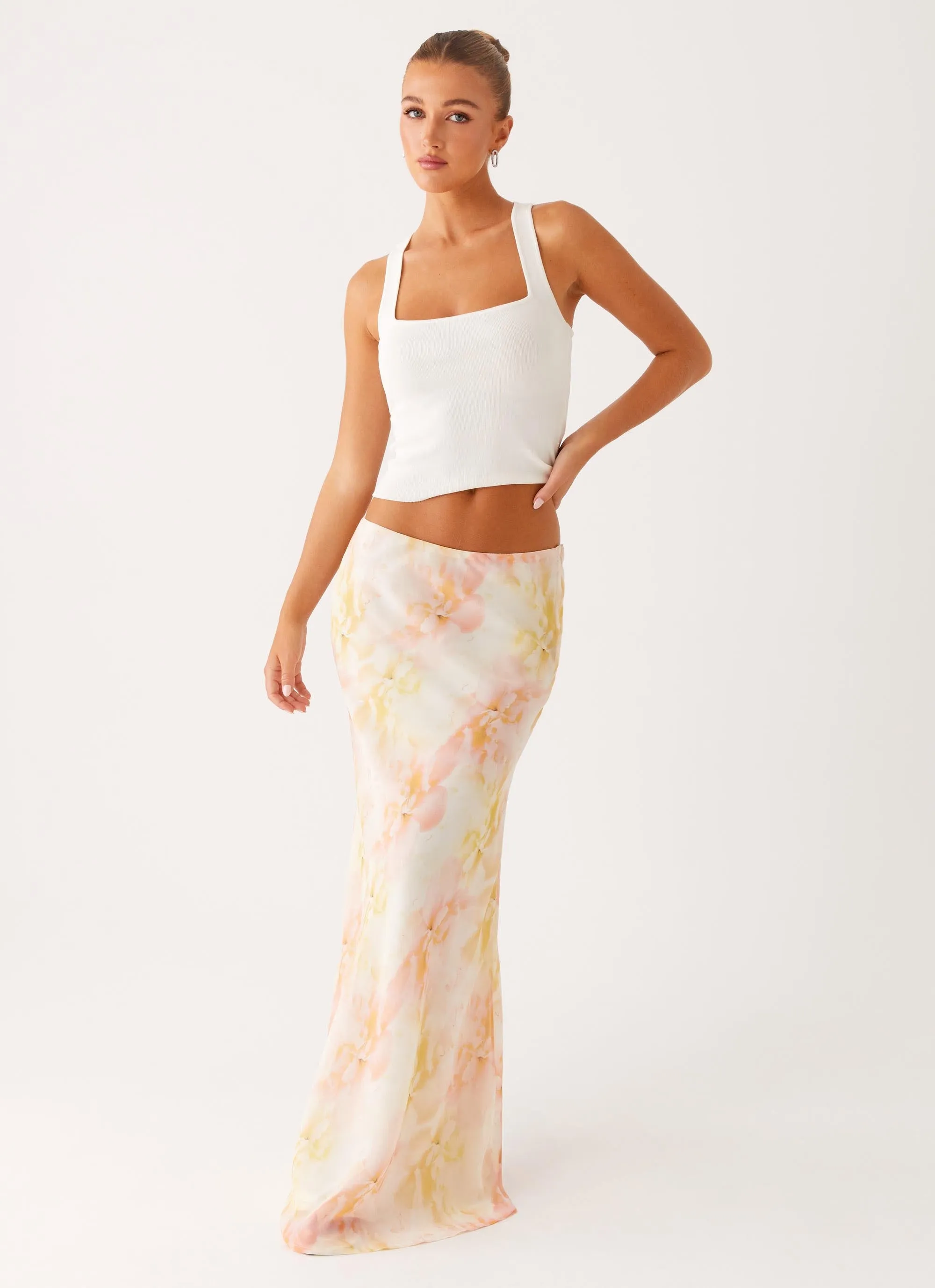 Non see through Double Layer Harlow Chiffon Maxi Skirt - Floral Print