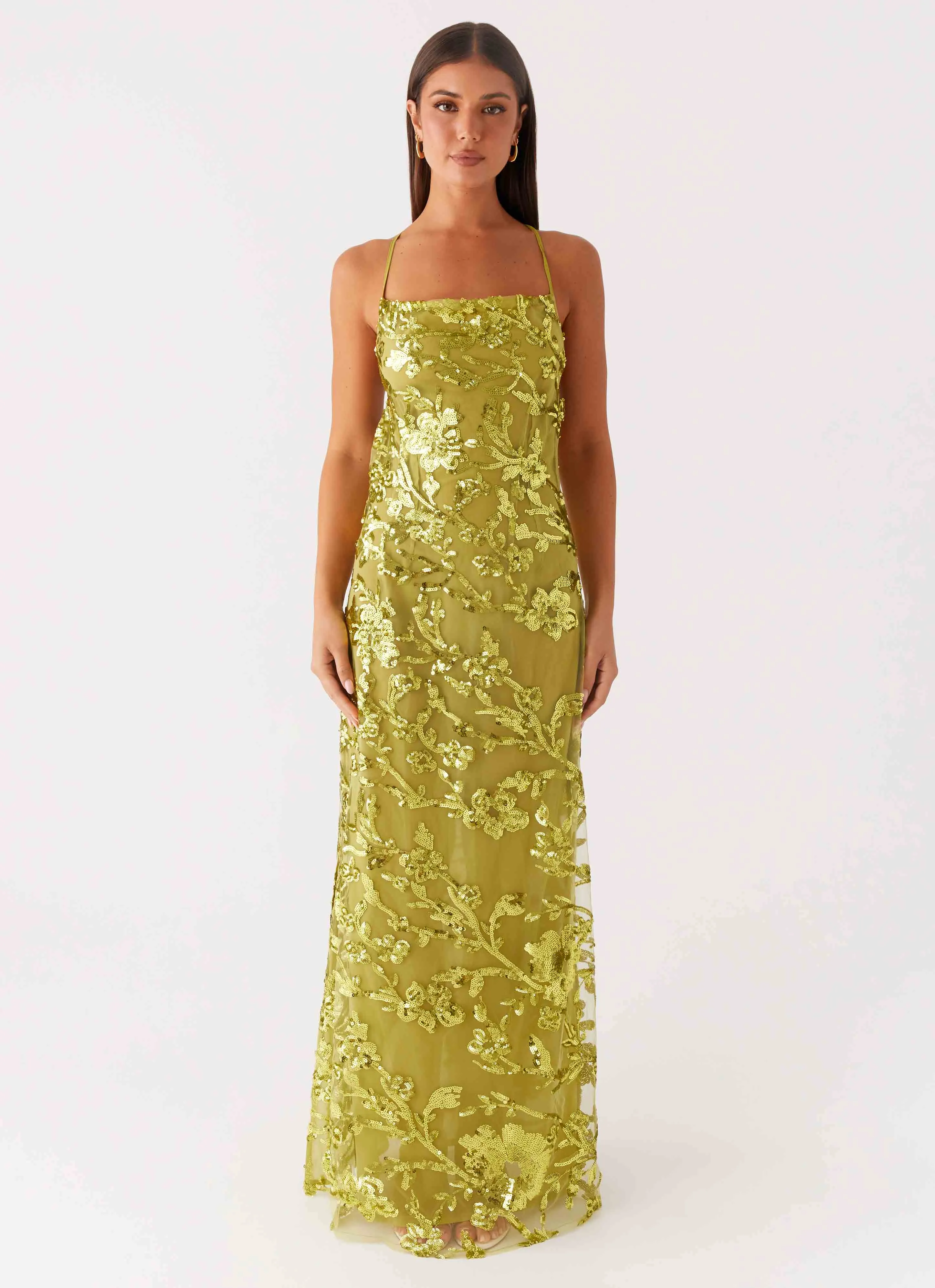 Lightweight Piece Pure Tone Havana Sequin Maxi Dress - Lime
