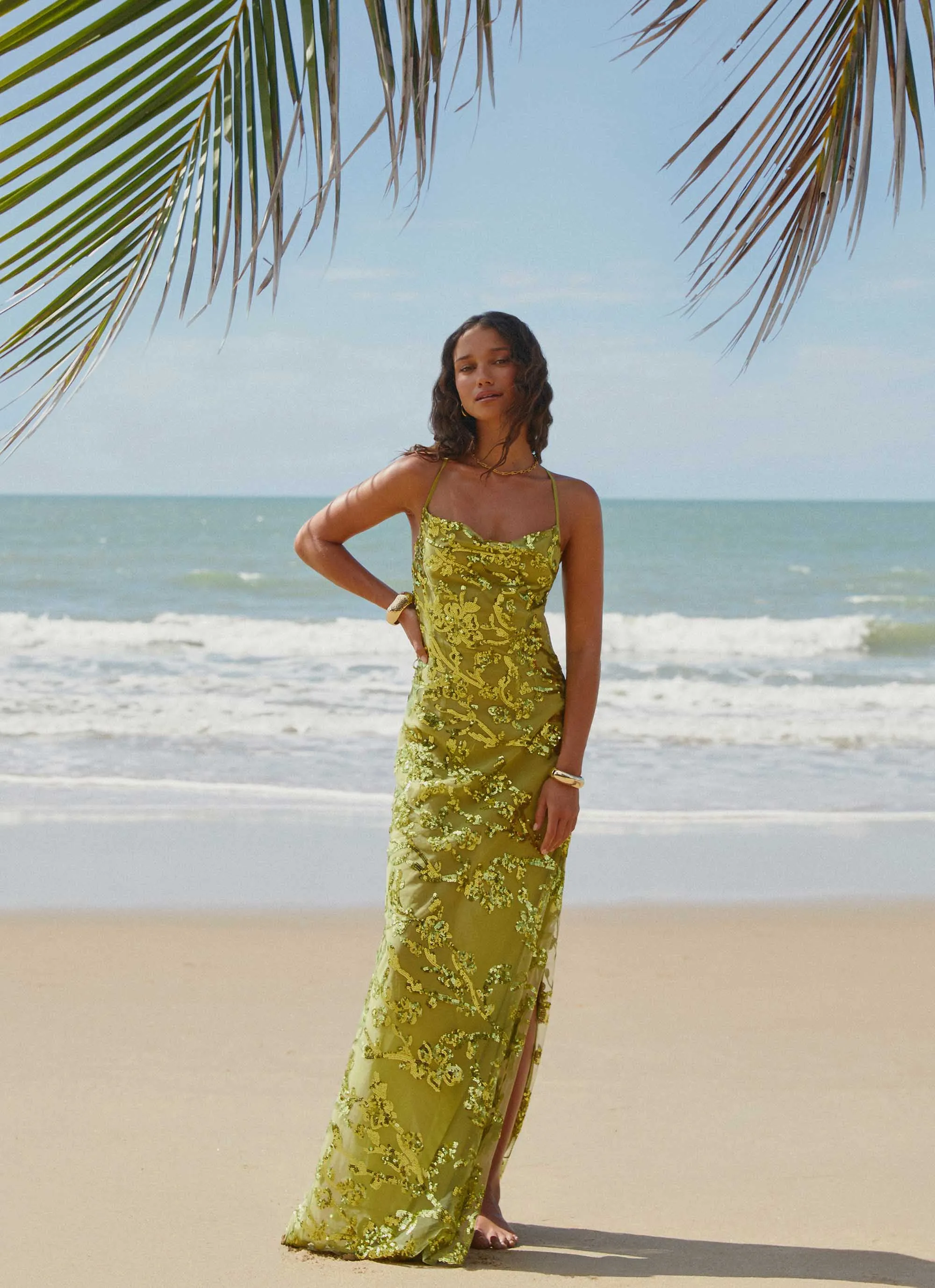 Care-Instructions-Included A-Line Havana Sequin Maxi Dress - Lime