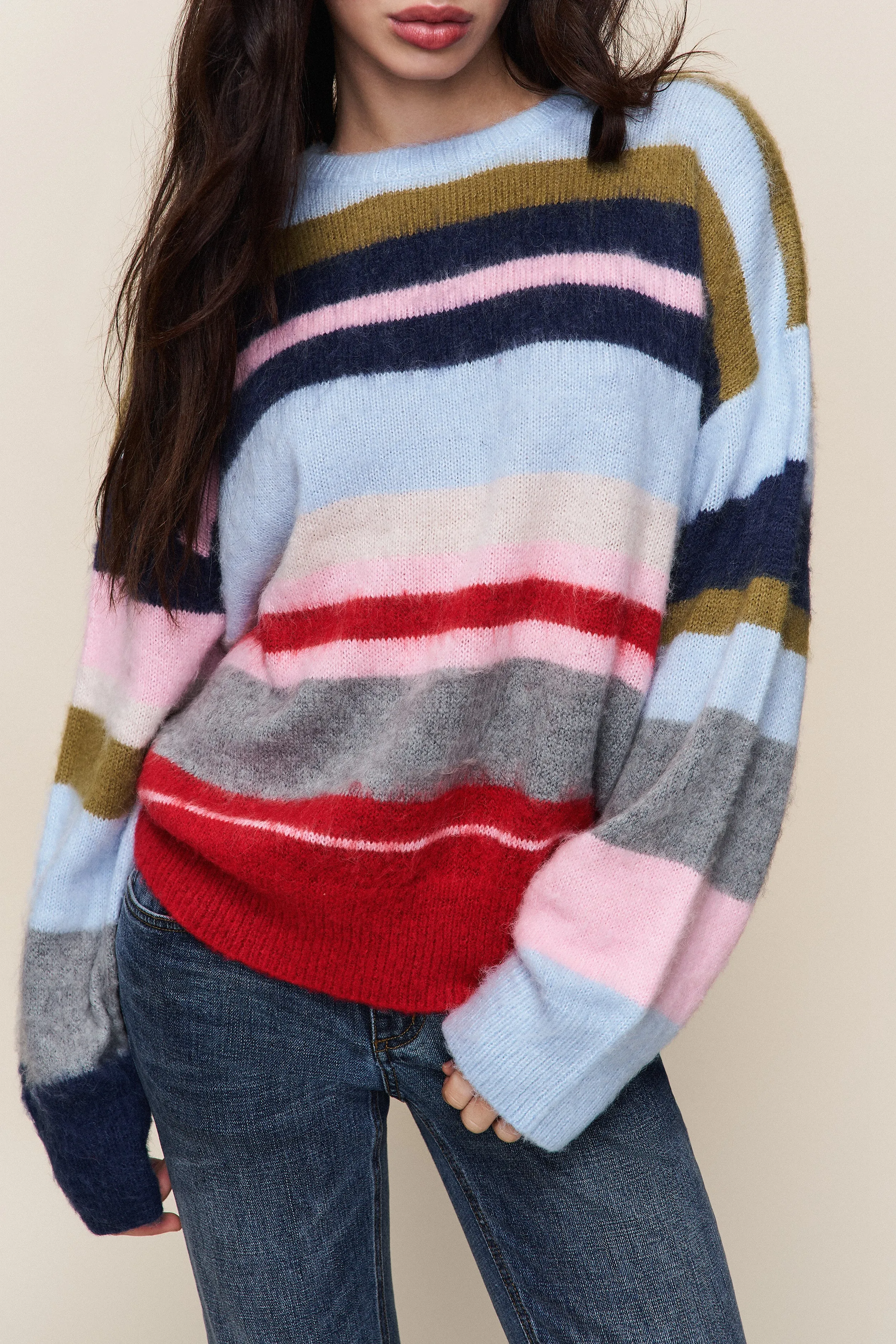 Stretchable Material Layered Knit Structure Hawley Oversized Stripe Wool Jumper