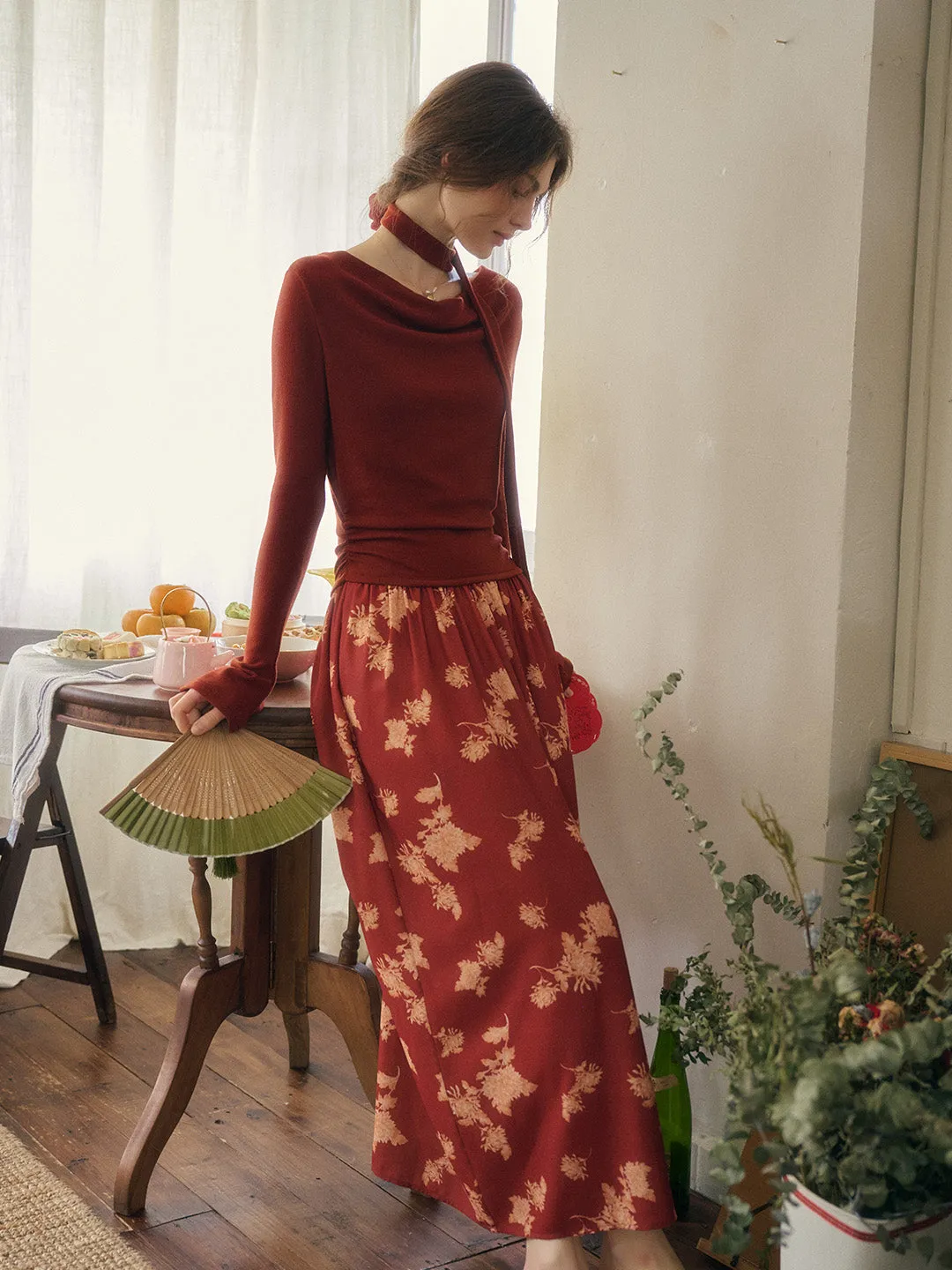 Luna Retro Scarf Long-sleeved Dress Casual Silhouette Embroidered-Sleeve