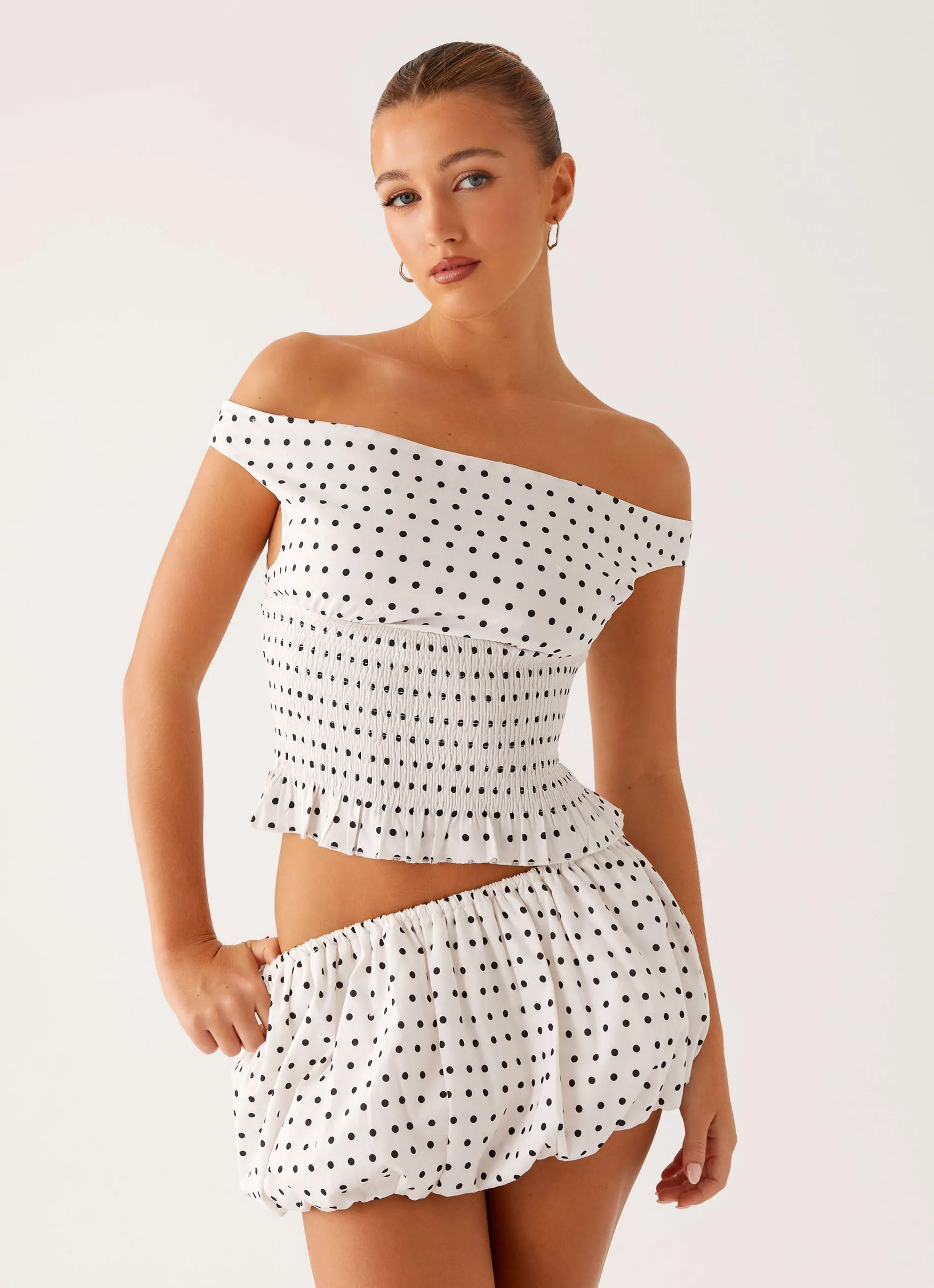 Heather Off Shoulder Top - White Black Polka Dot Bonded Seam Durability Hidden Ventilation Zones