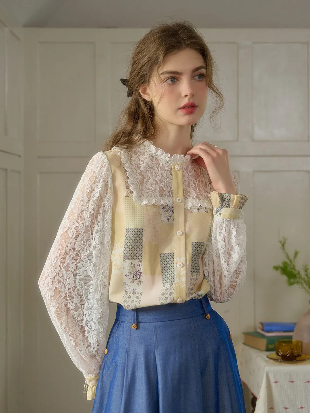 Vivienne Lace Collar Patchwork Blouse - Yellow Adjustable Collar System