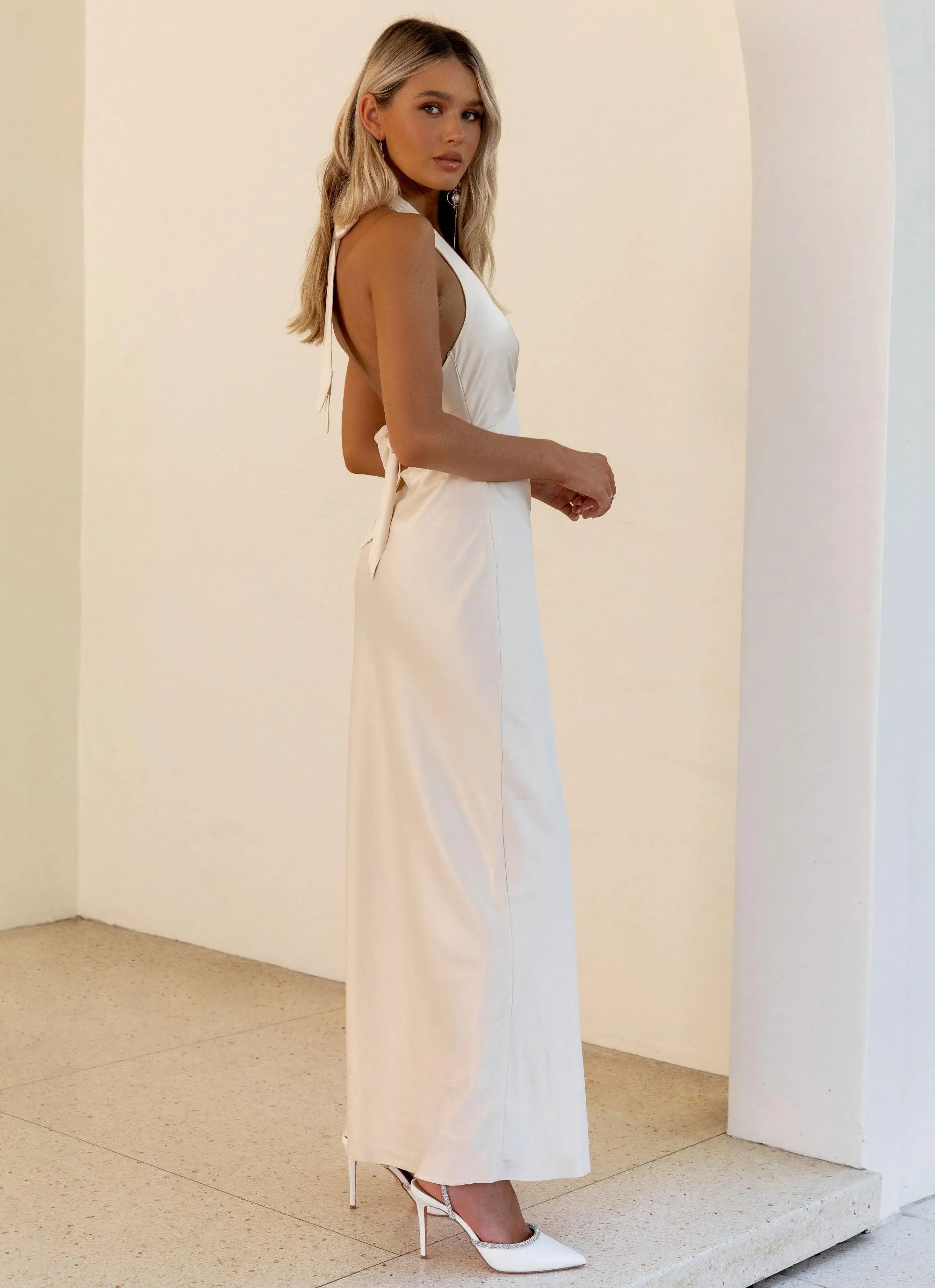 Flowy Cut Heavy Hearted Satin Maxi Dress - Pearl