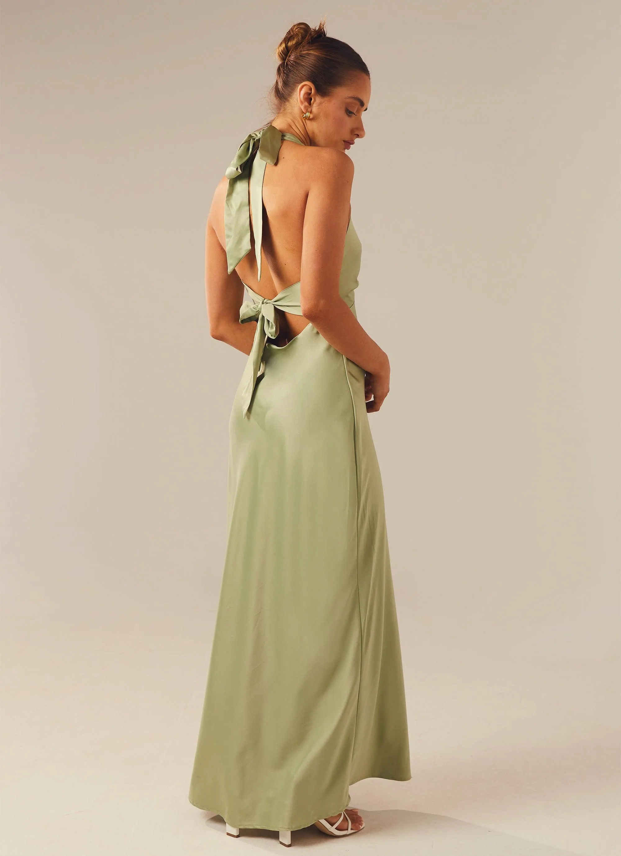 Gemstone-Detail Heavy Hearted Satin Maxi Dress - Sage