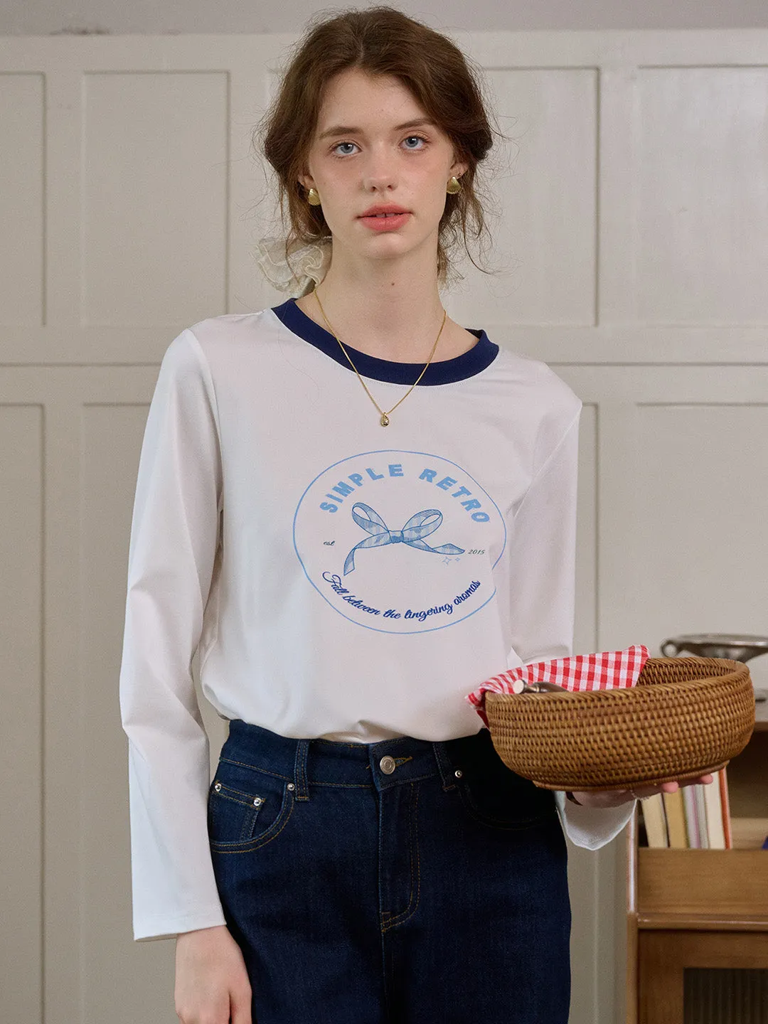 ??Final Sale??Hunter Round Neck Bow Pattern Top Soft Touch Feel