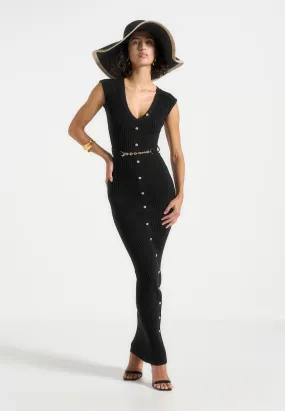 Helene - Knitted Midaxi Dress with Belt - Black Daily Casual Weekend Fresh