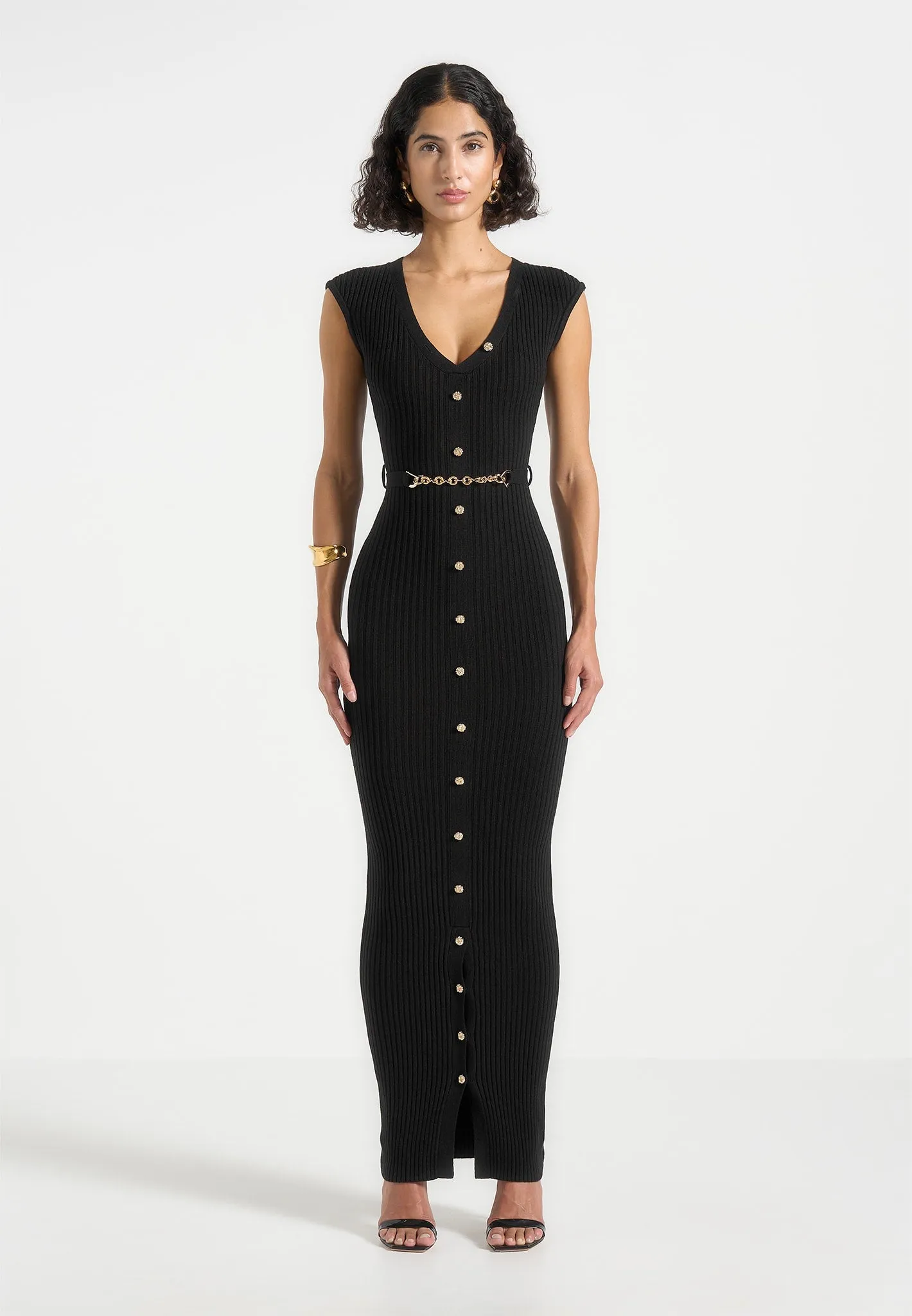 Helene - Knitted Midaxi Dress with Belt - Black Street Ready button detail