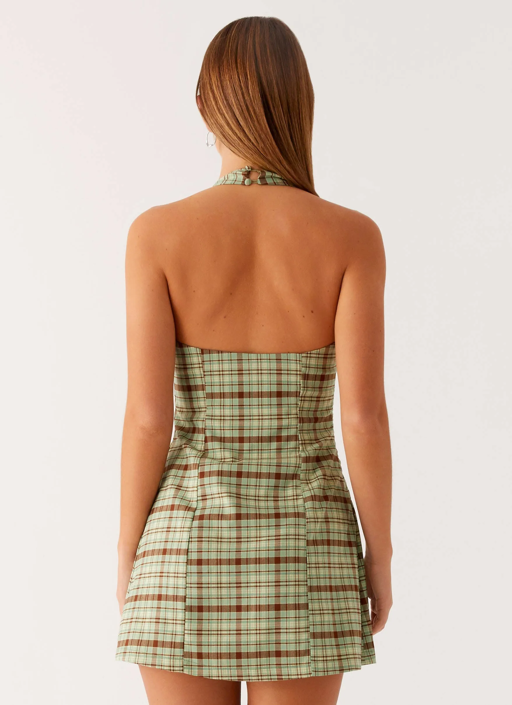 Moment Glow Dunia Halter Mini Dress - Forest Plaid