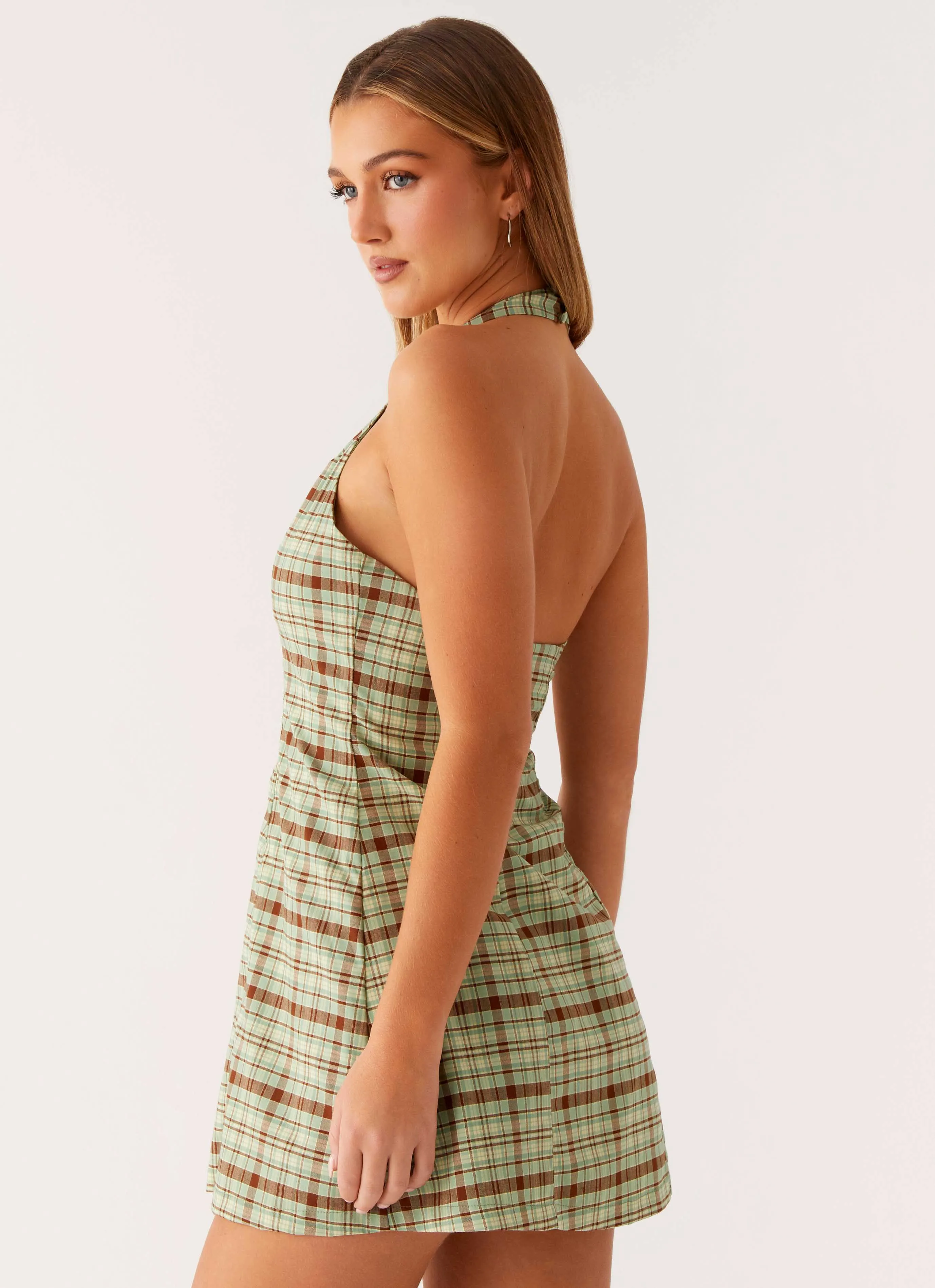 Dunia Halter Mini Dress - Forest Plaid Soft Weave