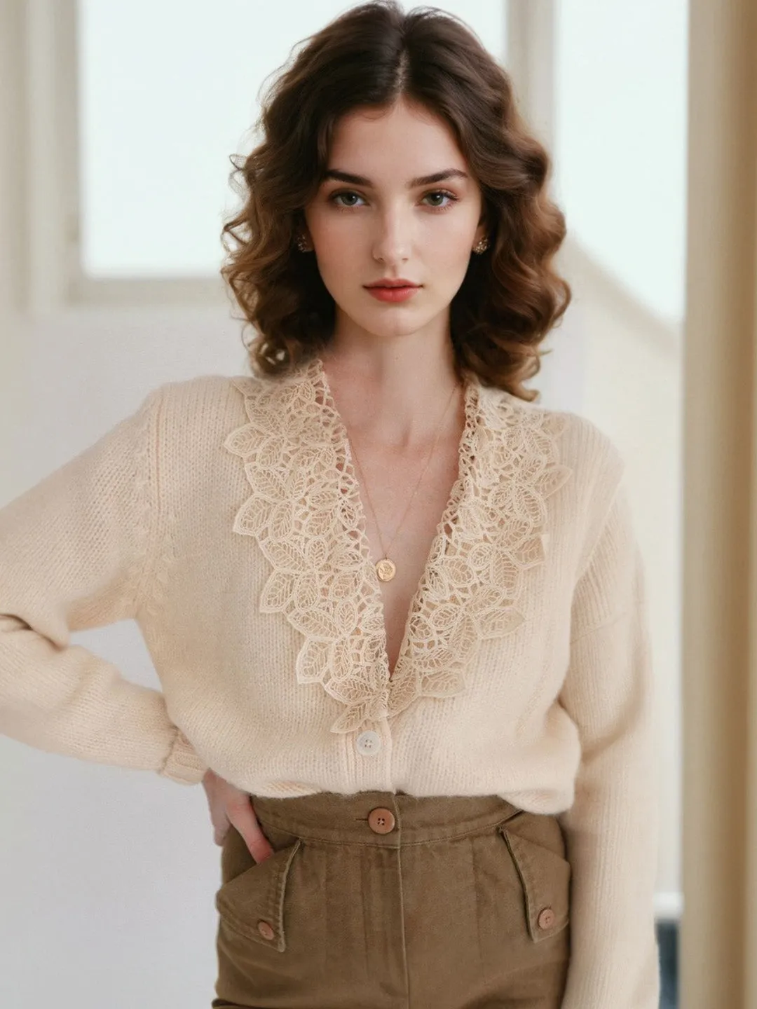 MultiPanel Design Ribbed Collar Style Charlee V-Neck Lace Embroidery Cardigan