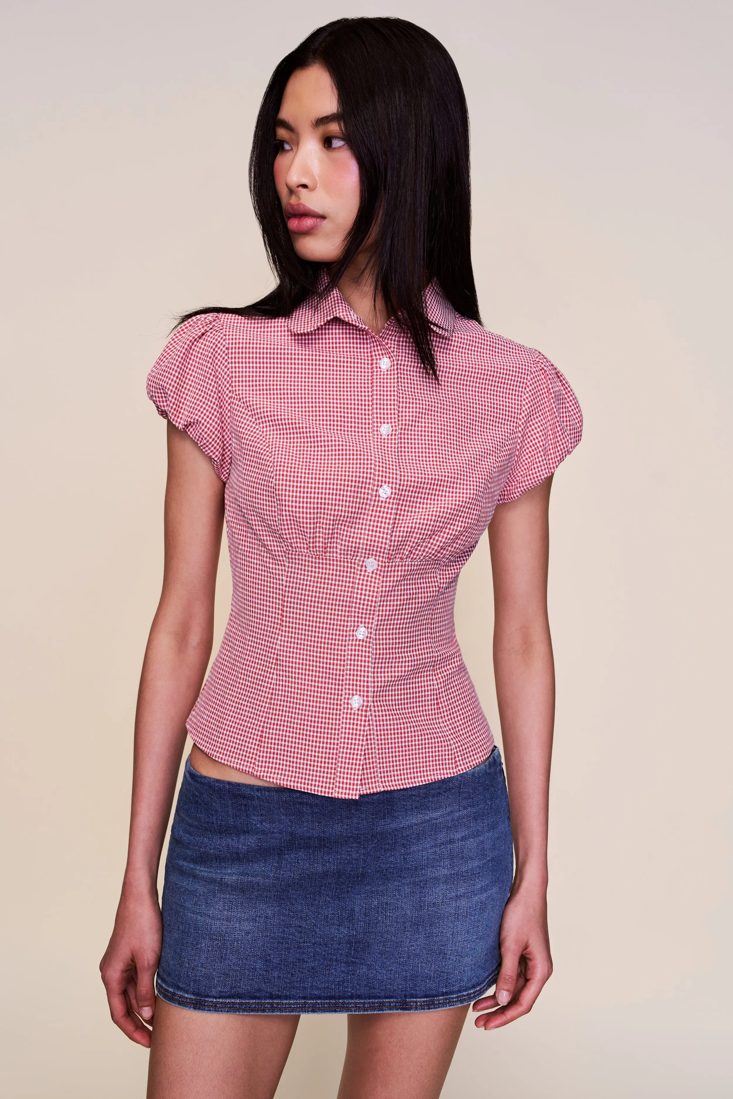 High Collar Option Liana Gingham Top