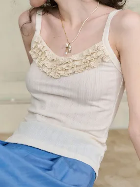 (Add-on Item) Gracie French V-neck Ruffle Lace Ribbed Camisole Top BondedHemline