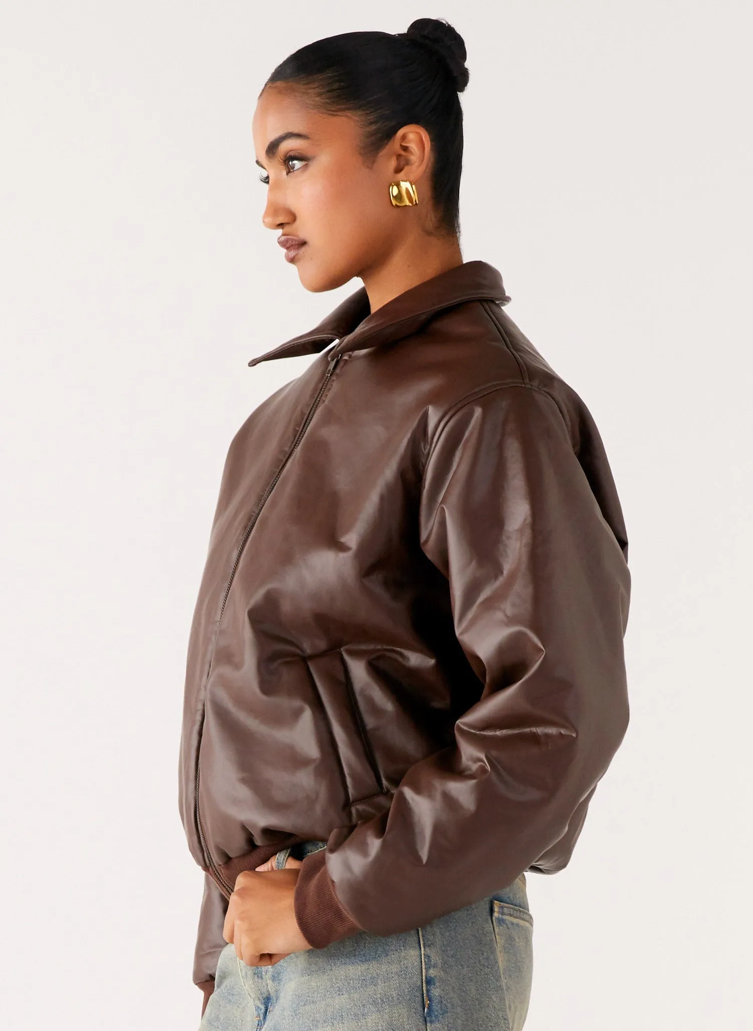 Outlands Faux Leather Bomber Jacket - Chocolate Resist