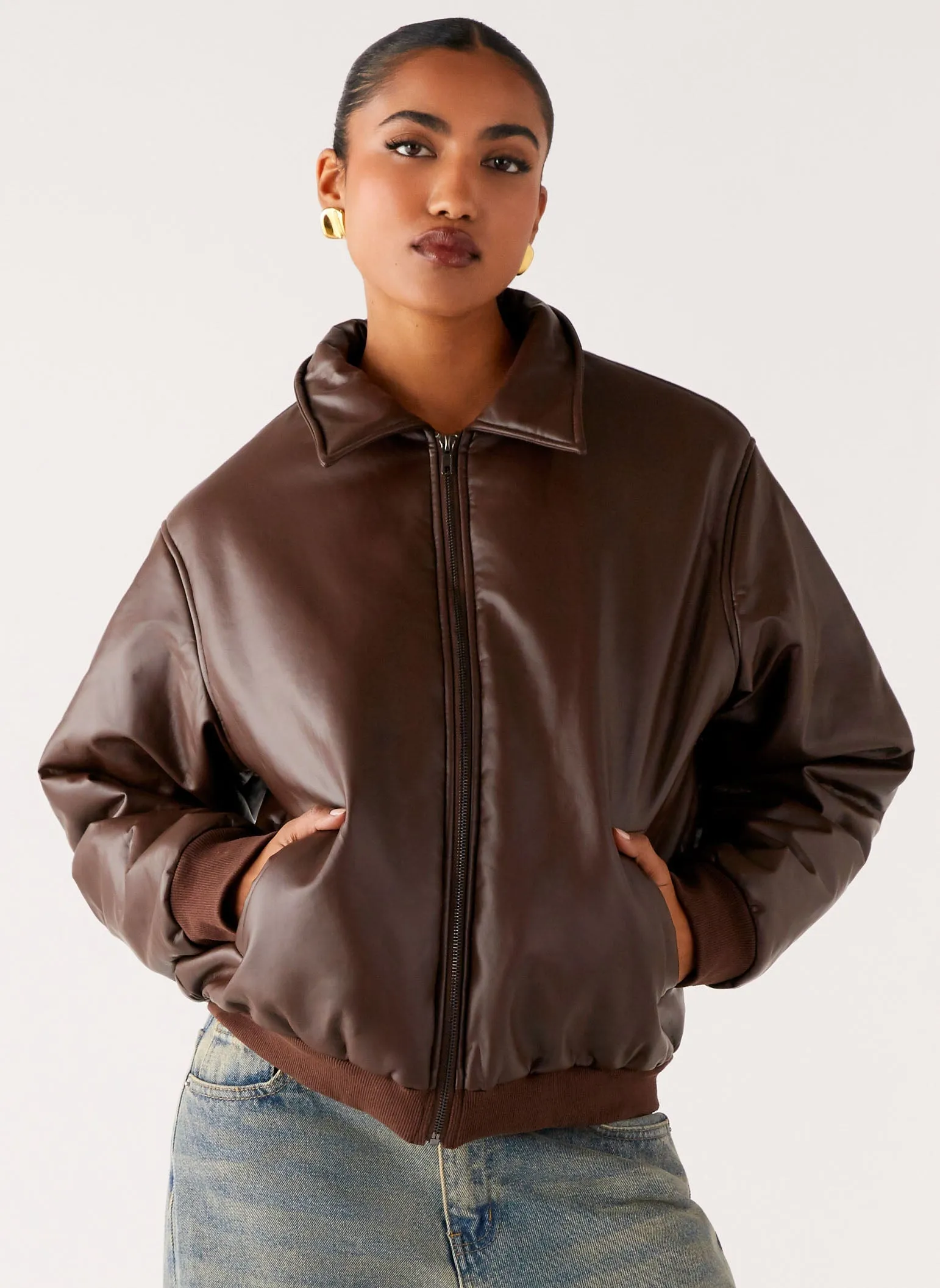 Outlands Faux Leather Bomber Jacket - Chocolate library
