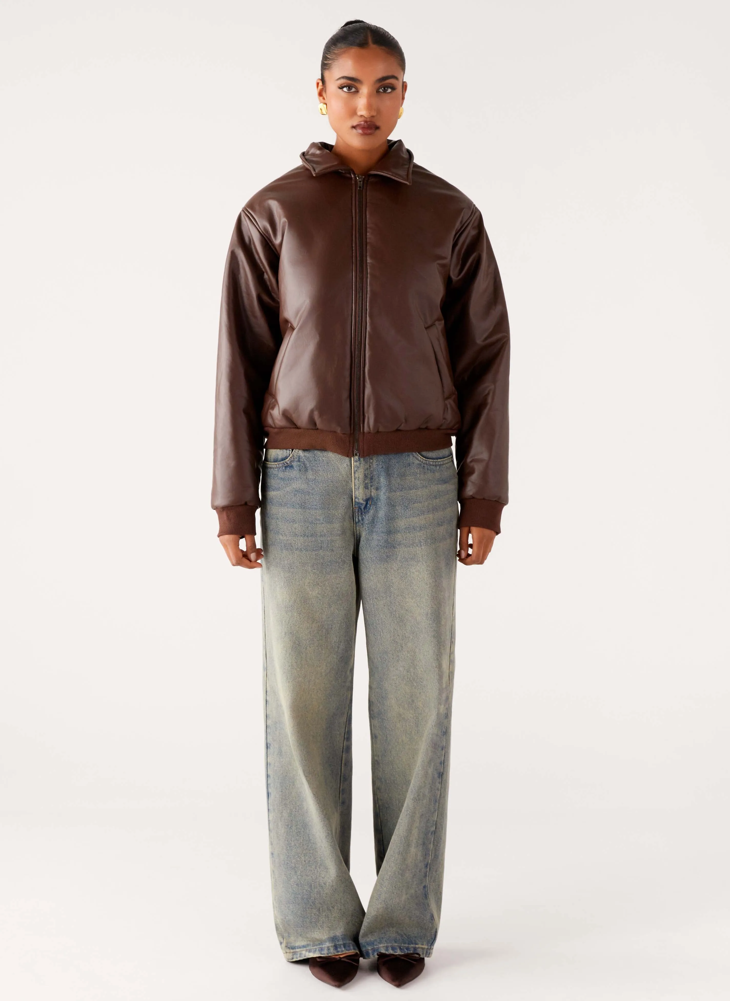 slim fit Outlands Faux Leather Bomber Jacket - Chocolate