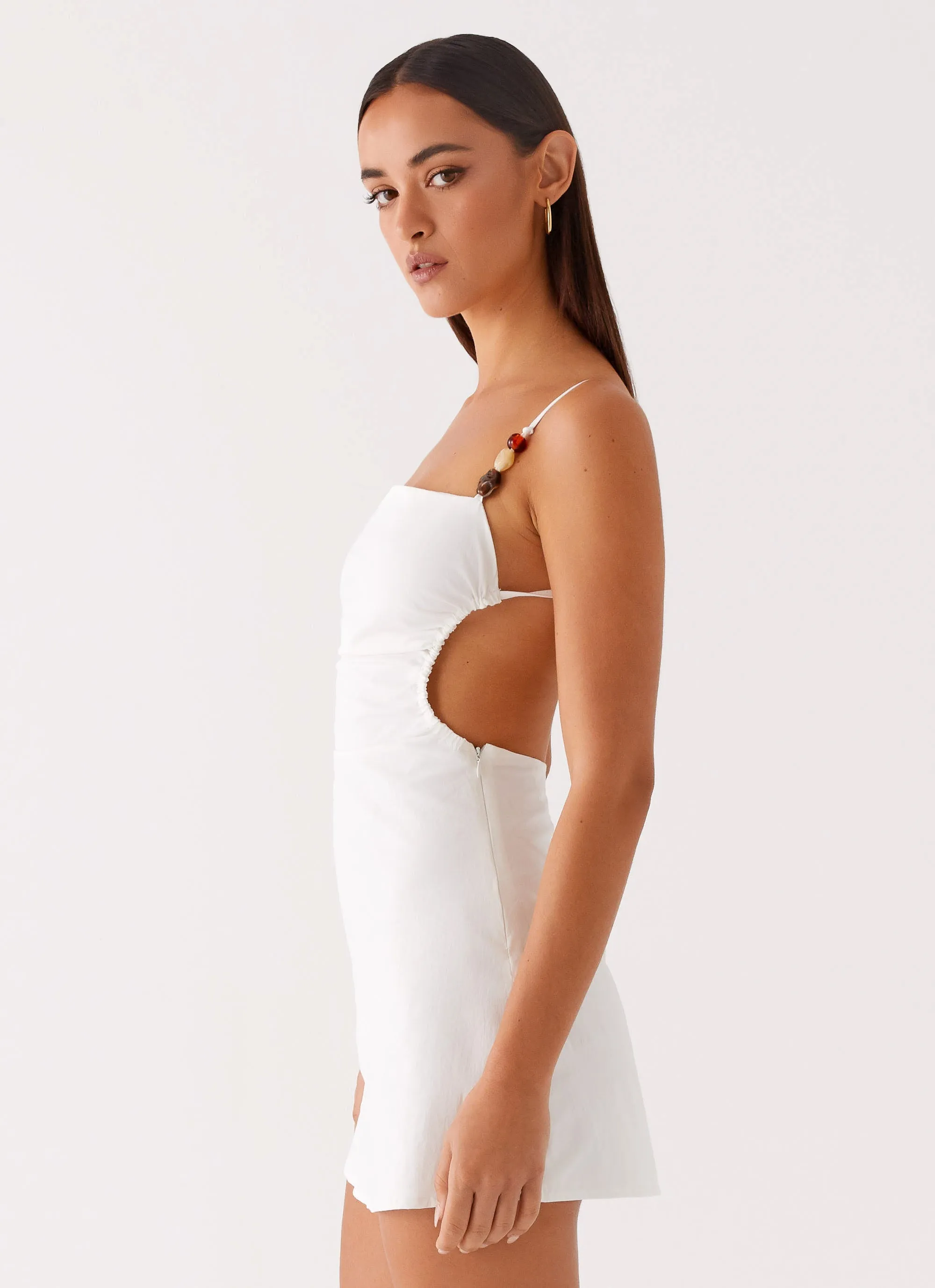 Marlon Mini Dress - White Stretch Waist Twist Front Design