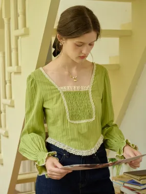 Summer Dress ??Final Sale??August Square Collar Trimmed Pleated Cotton Blouse