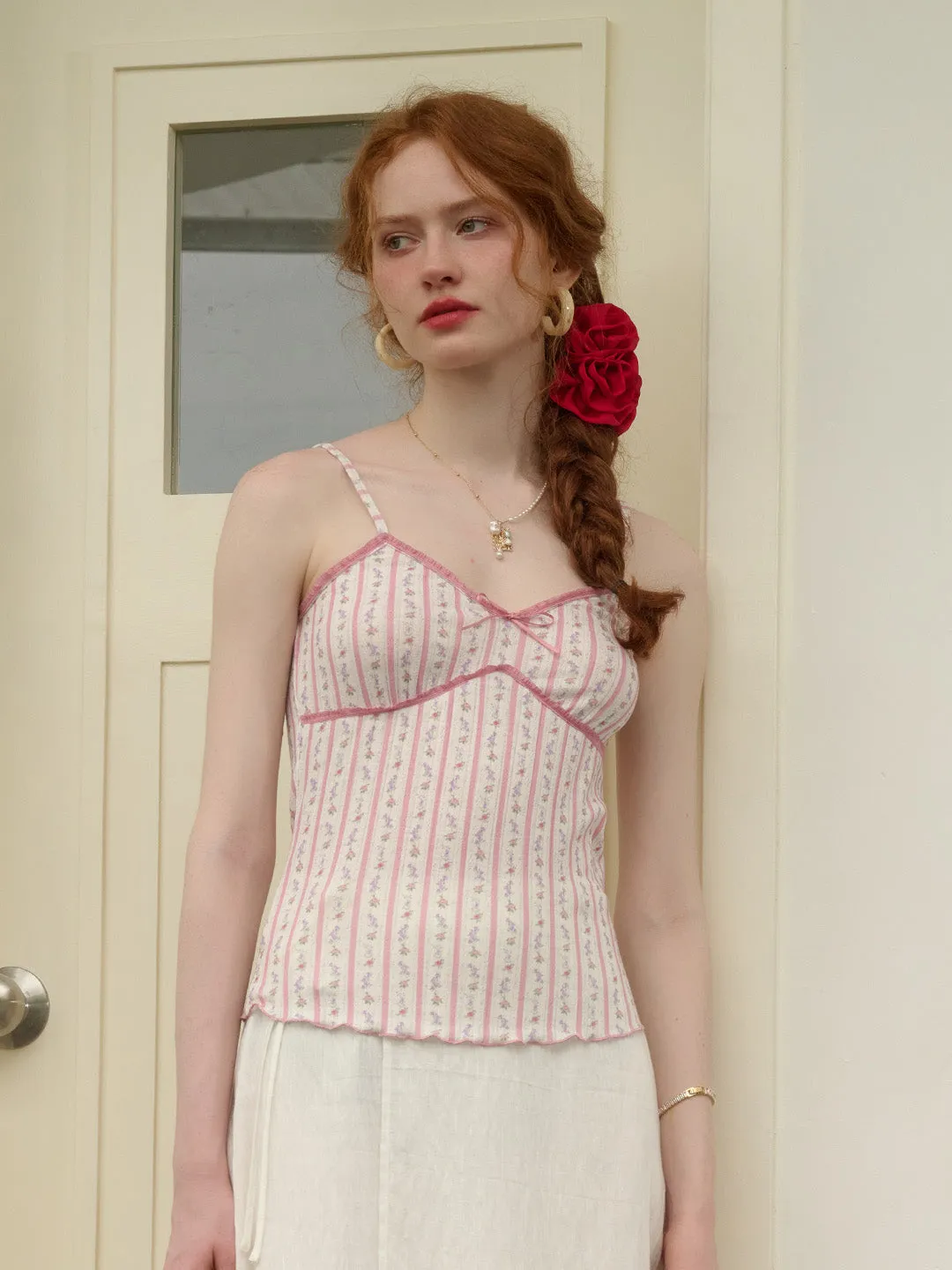 ??Final Sale??Elouise Floral Striped  Lace-up Pink Suspender Top DoubleStitched Bohemian style