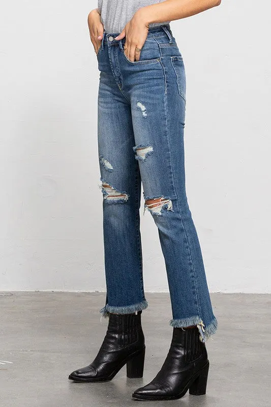 High Waisted Frayed Jeans Non Slip Waistband