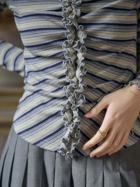 ??Final Sale??Imara V-Neck Ruffles Stripes Top RollUpSleeves QuickDry Textile