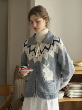 Minimalist Collar Textured Weave Pattern Ailany Notched Collar Fair Isle Double Zipper Wool Cardigan