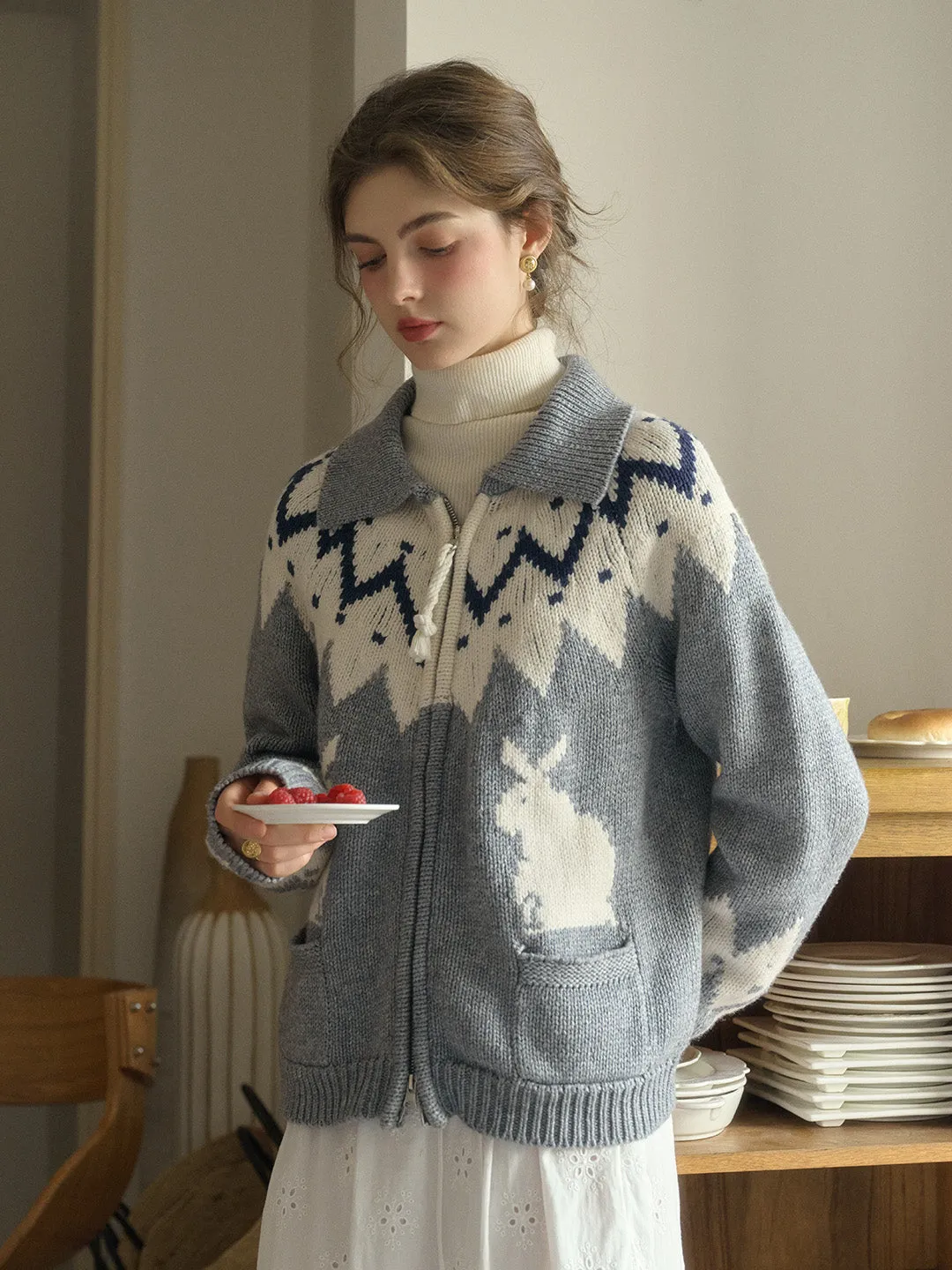 Ailany Notched Collar Fair Isle Double Zipper Wool Cardigan Classic Crewneck Design Snag Free Fabric