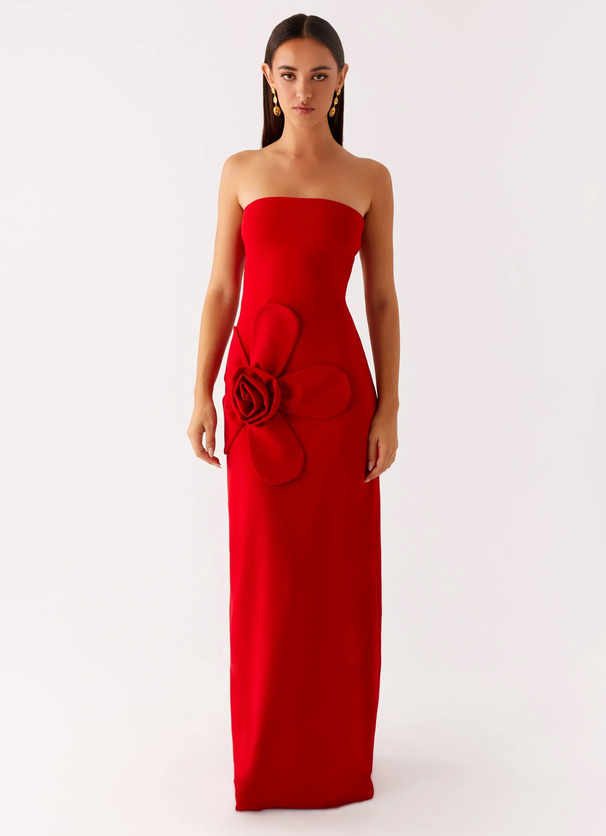 Hilton Strapless Maxi Dress - Red Casual Mode Back-Pocket
