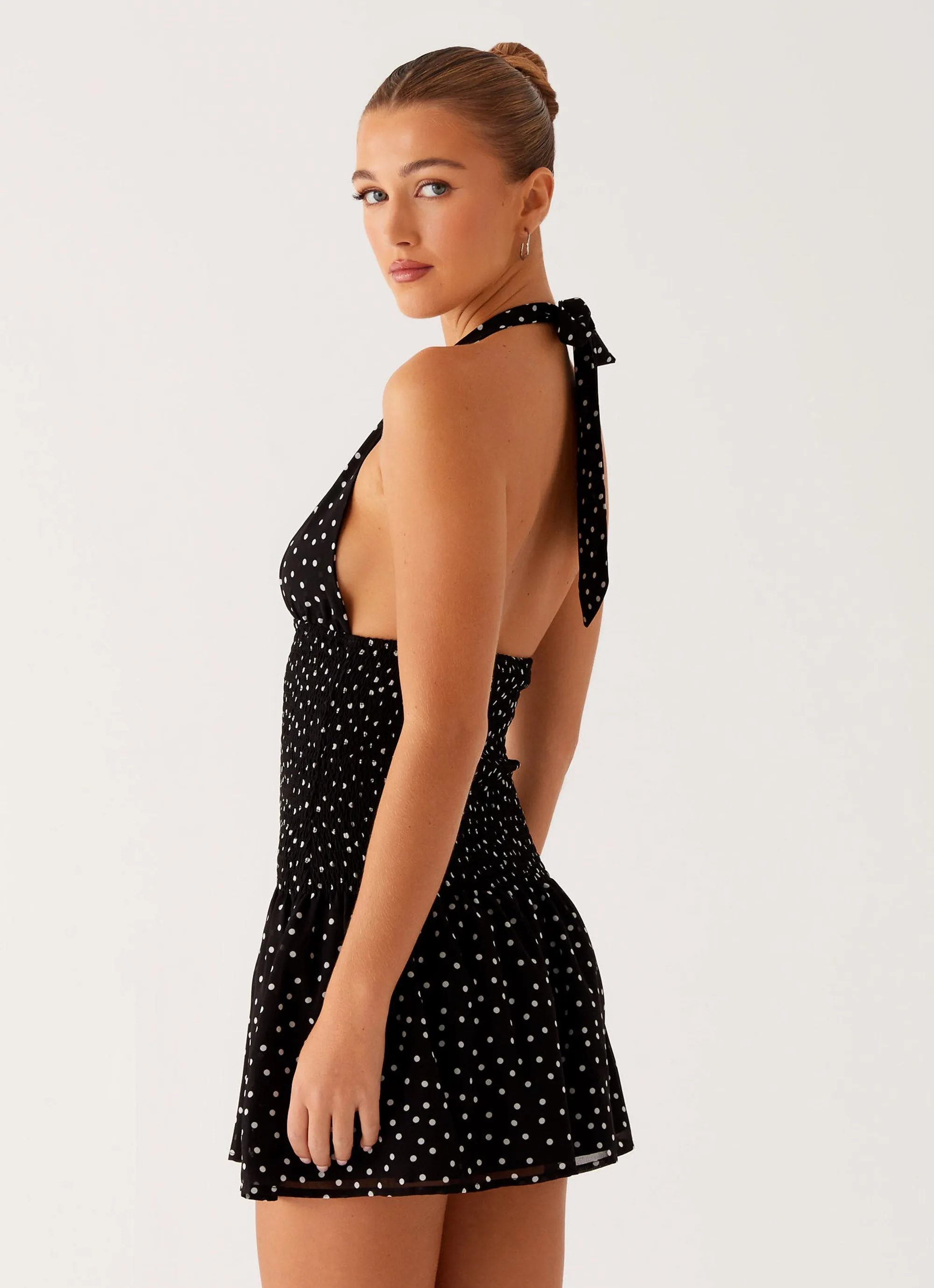 Holden Mini Dress - Black Polka Dot Outfit Focused