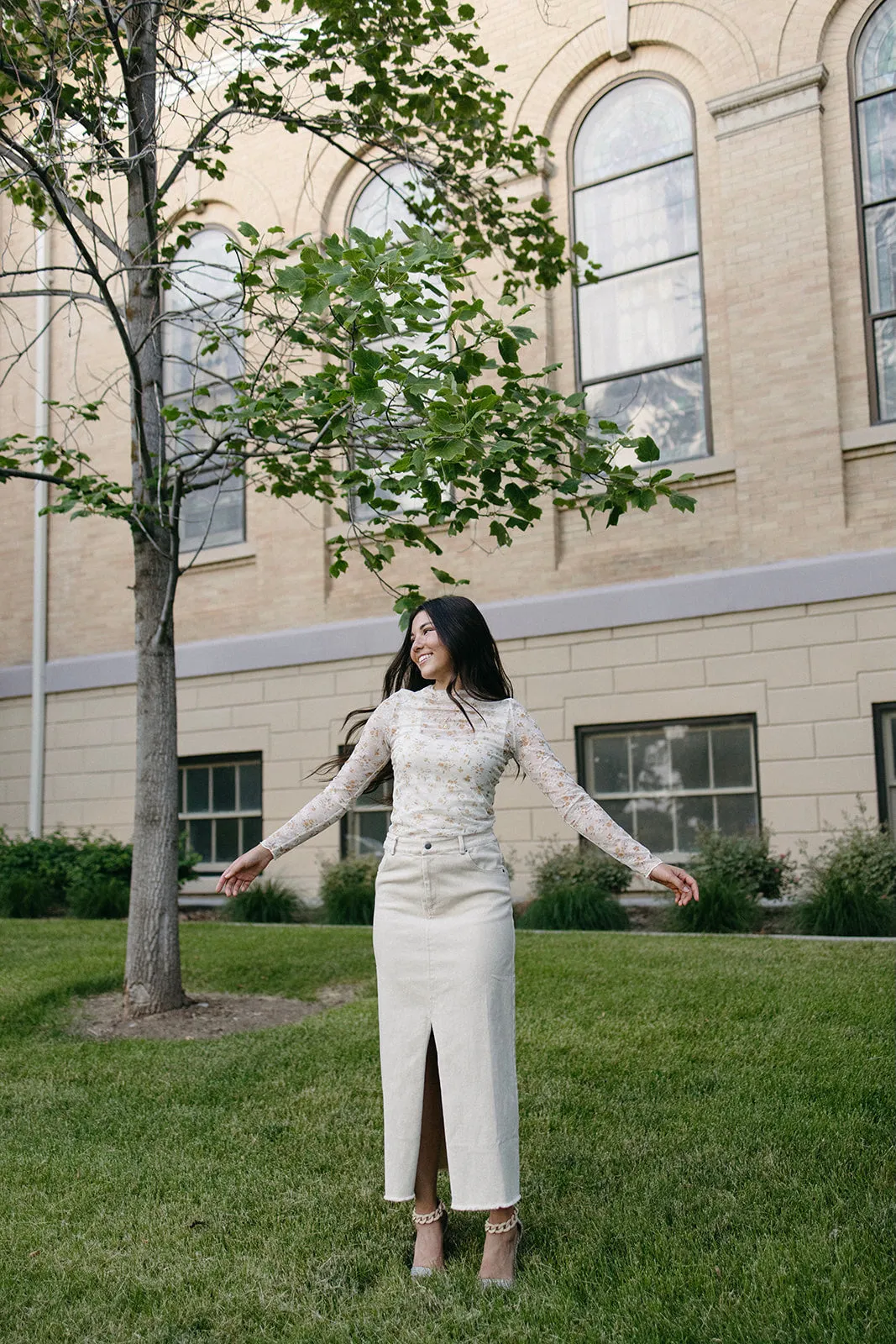 Drawstring-Closure Honey Hues Denim Maxi Skirt