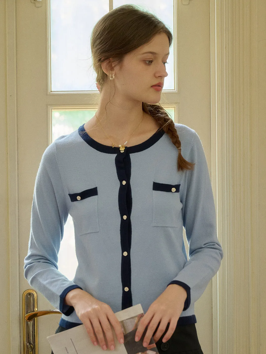 ??Final Sale??Willa Round Neck Knitted Cardigan Contoured Side Panels Ribbed Neckline