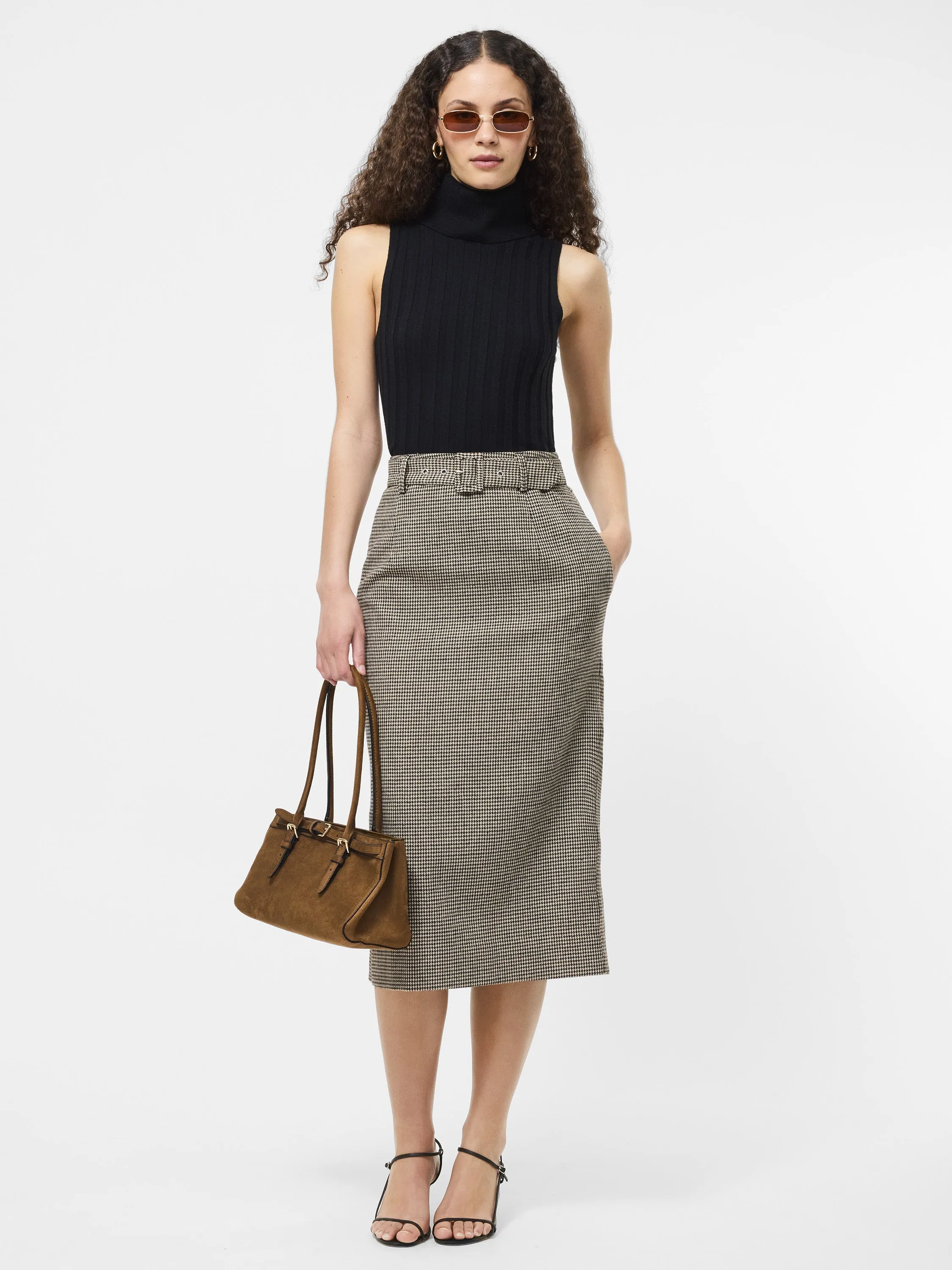 Houndstooth Belted Midi Skirt Urban Style