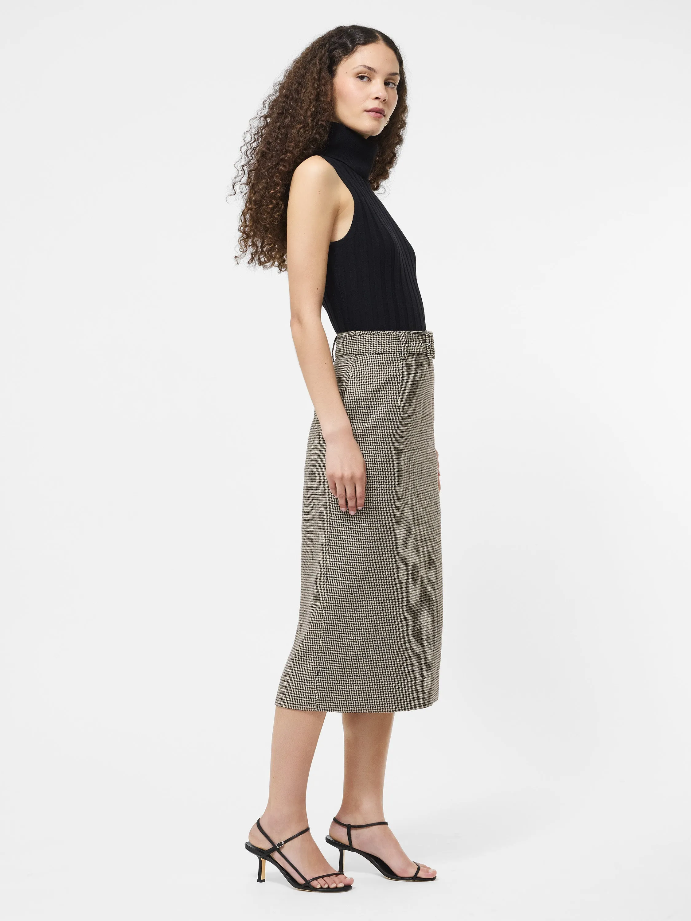 High End Quality Houndstooth Belted Midi Skirt