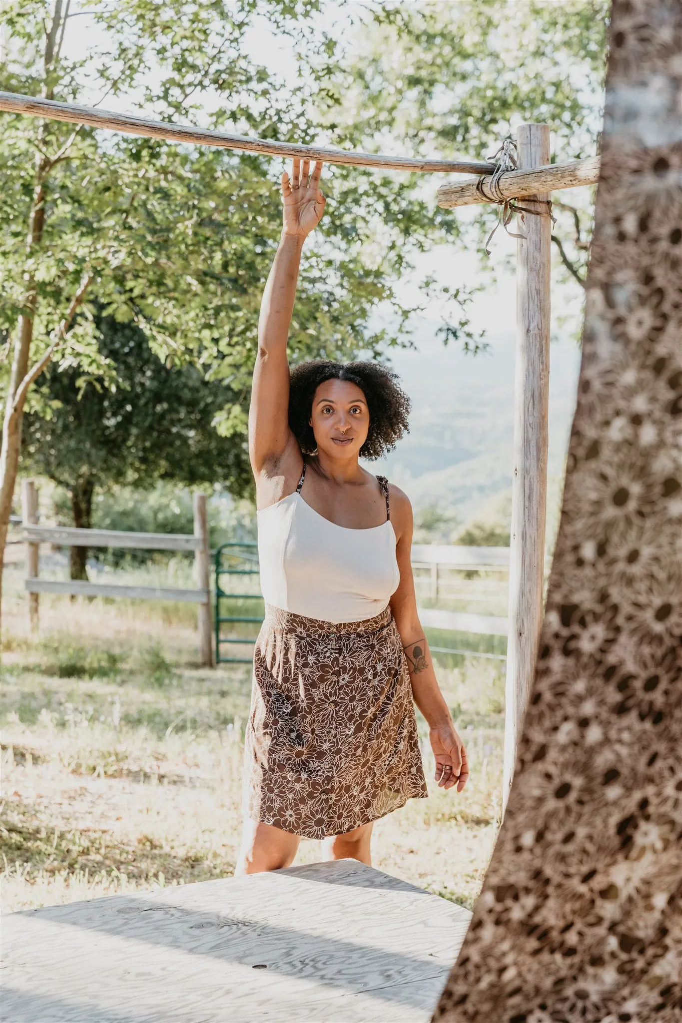 Stretch Knit Material Tear Resistant Minnie Top in Oat Modal with Brown Floral Straps