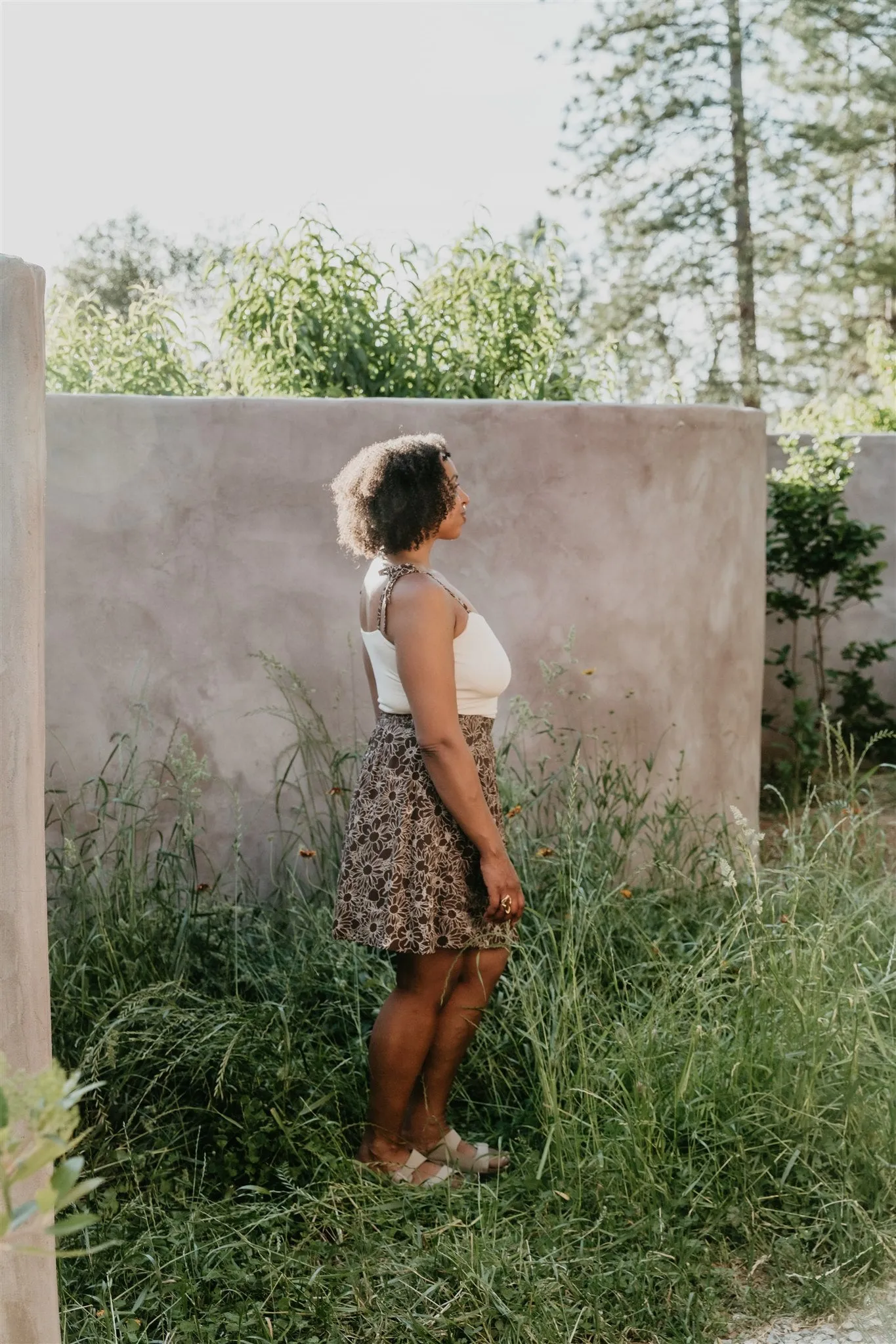 Ergonomic Shoulder Cut Breathable Design Minnie Top in Oat Modal with Brown Floral Straps