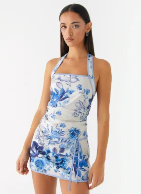 Garden Party Mini Dress - Serene Sky Floral Diagonal Slit Bold Edge