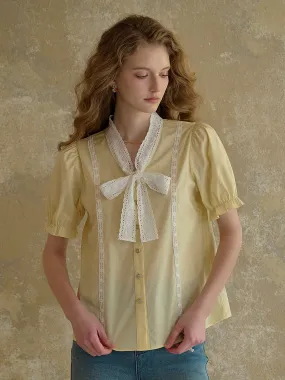 ??Final Sale??Calliope V-Neck Bow 100% Cotton Blouse Flattering Drape FlexibleCollar