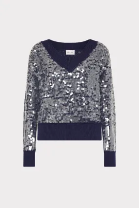 Distressed Texture Flexible Knit Ilaria Sequin V-Neck Sweater