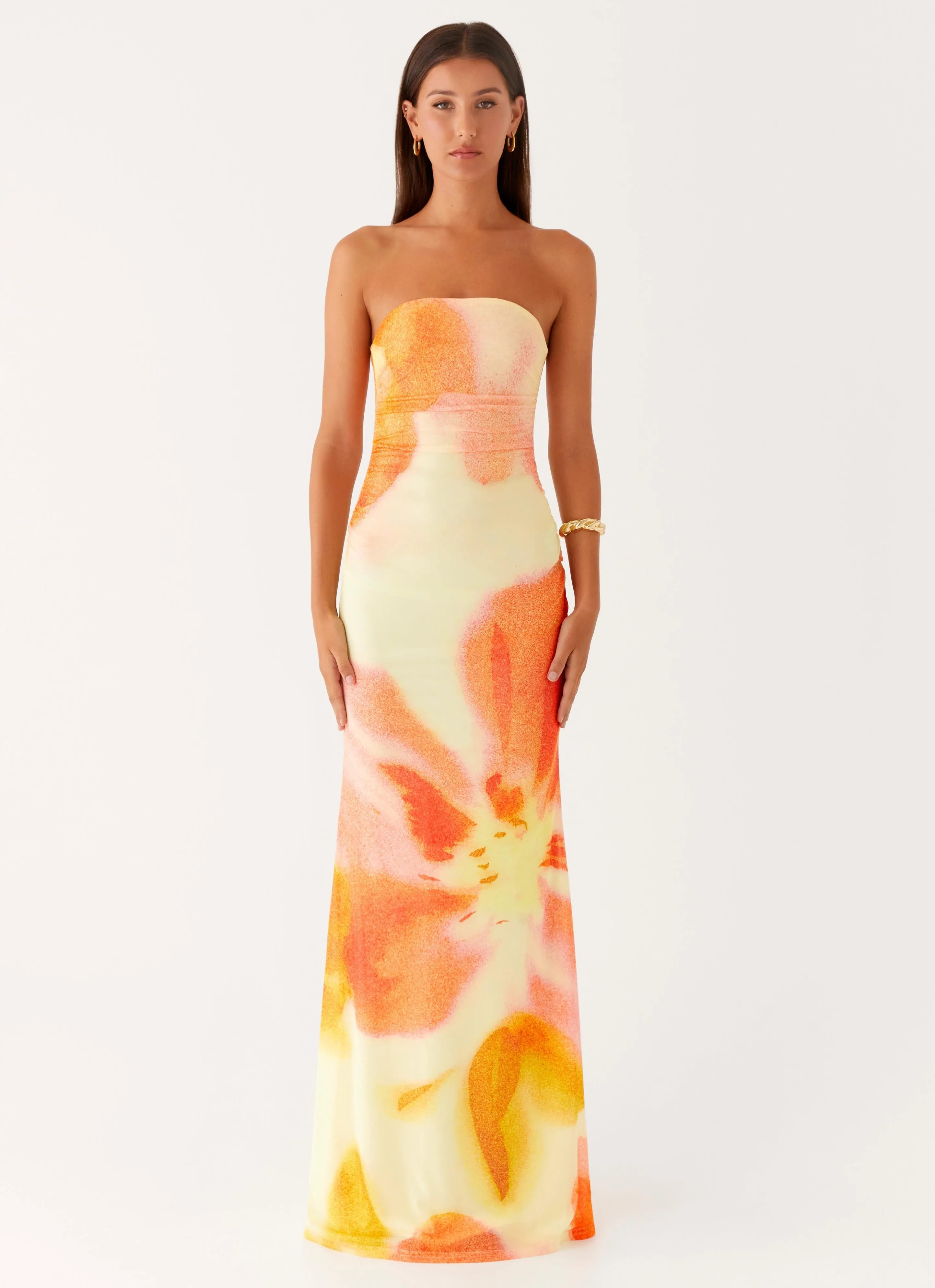 Iroha Strapless Maxi Dress - Mimosa Blossom Asymmetrical hem Silky Touch