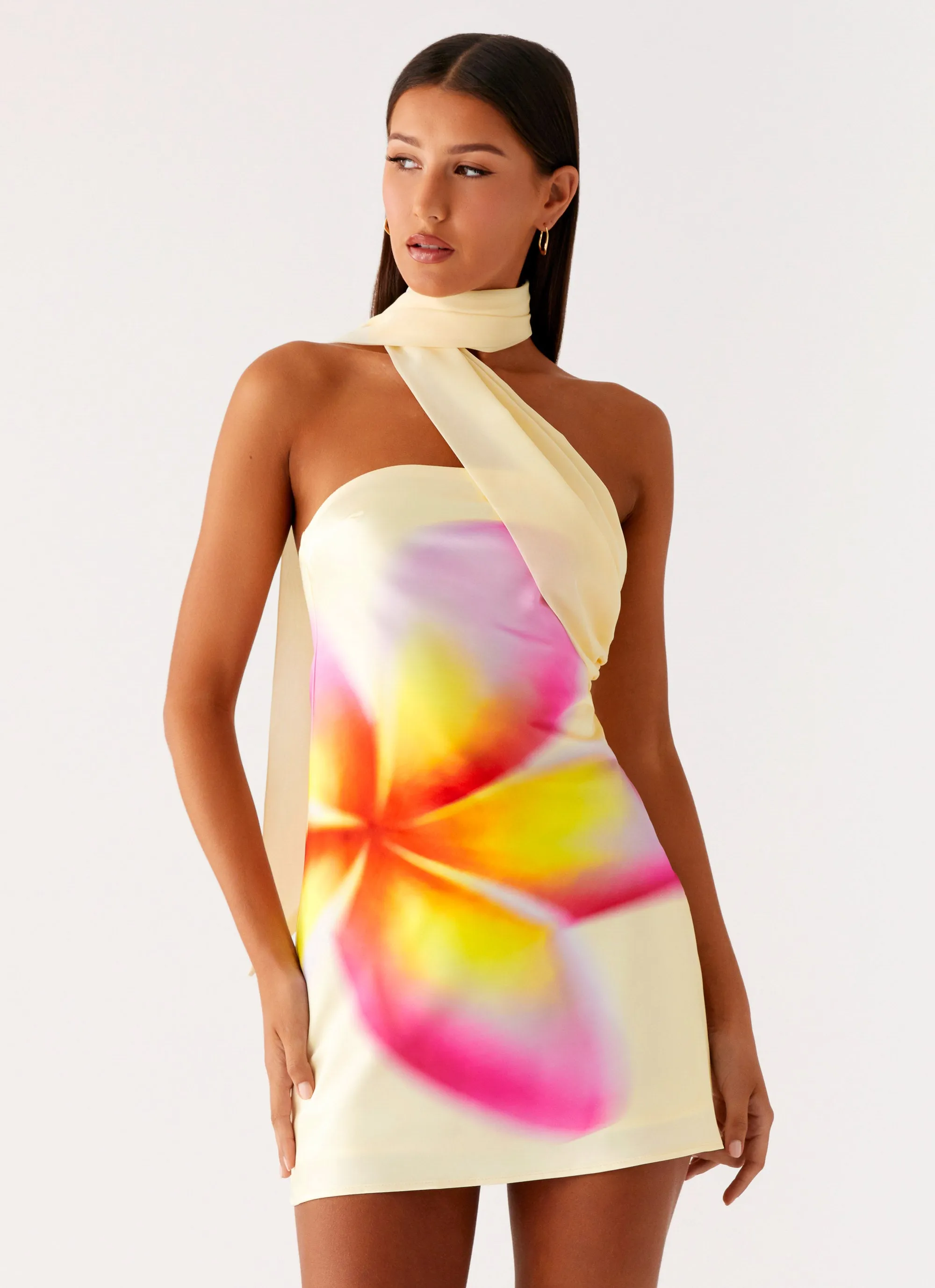 Slip Resistant Waist Isa Scarf Satin Mini Dress - Frangipani Yellow