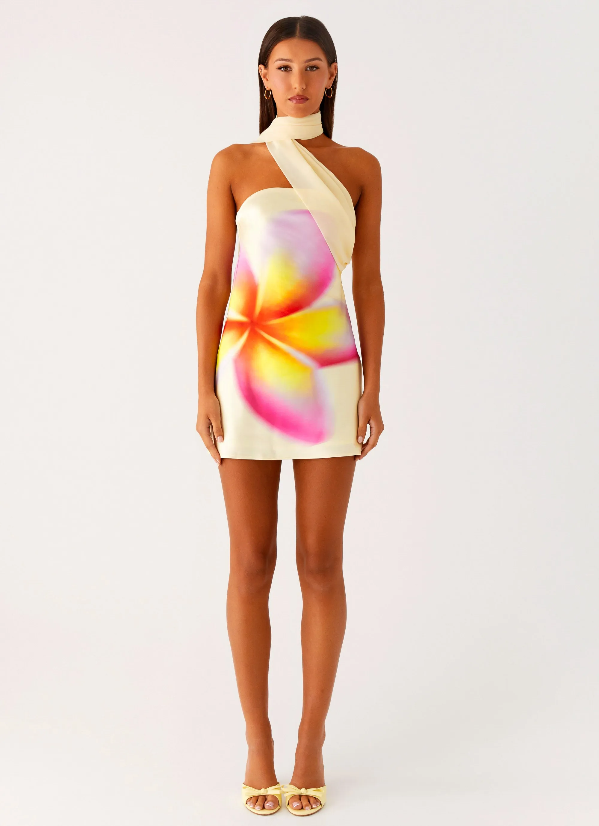 Isa Scarf Satin Mini Dress - Frangipani Yellow Convertible-Style