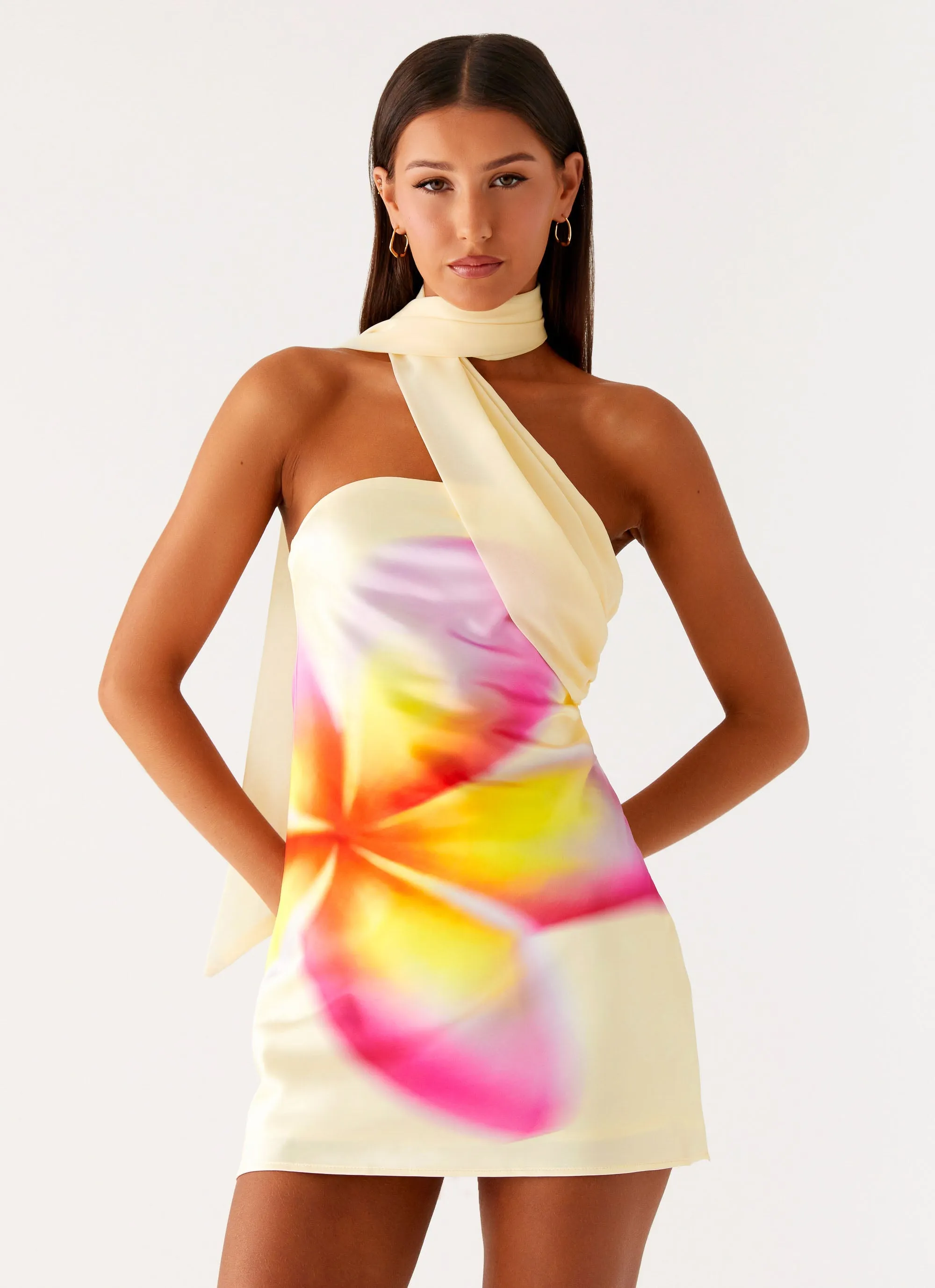 Flowy Drape Isa Scarf Satin Mini Dress - Frangipani Yellow