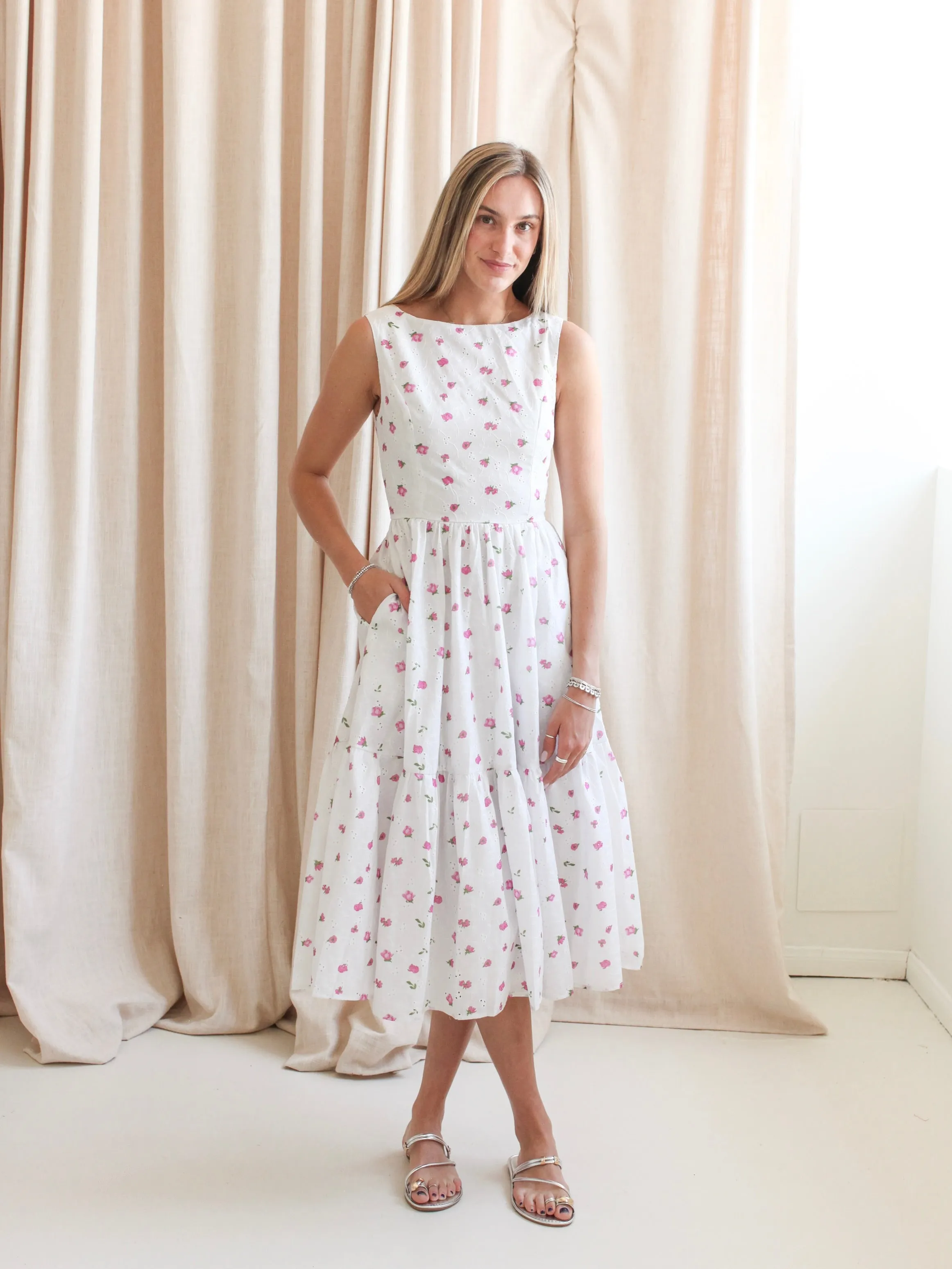 Celebrity-Inspired Sleek and Simple Isla Eyelet Midi Dress