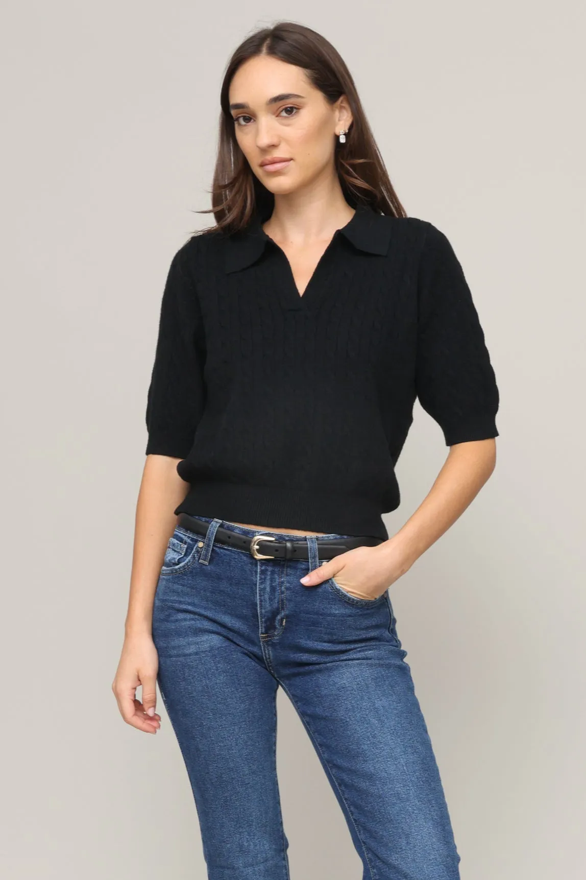 Zipper Closure Ivy Short Sleeve Cable Sweater