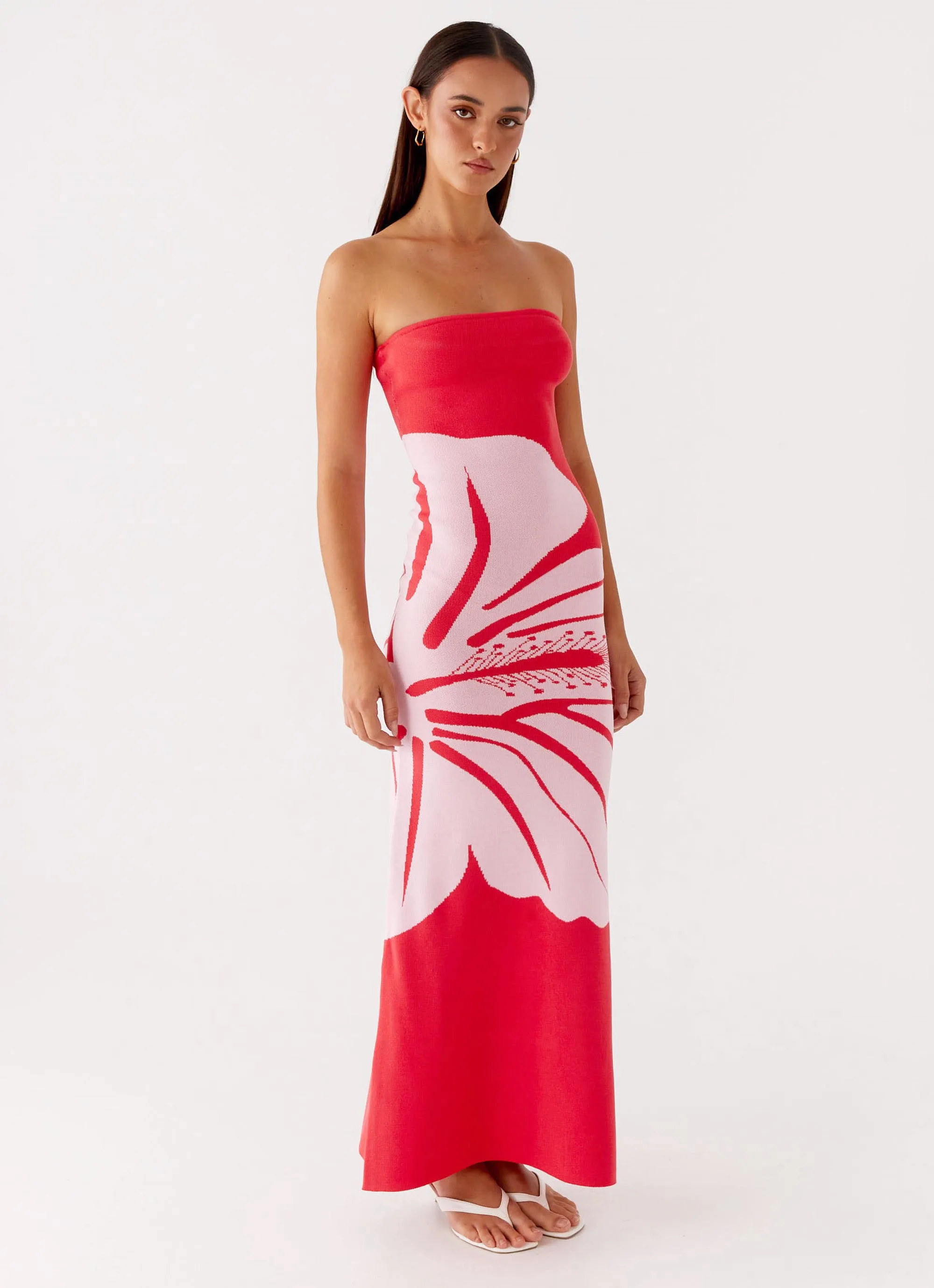 Layered Form Relaxed Line Jala Strapless Knit Maxi Dress - Red Floral